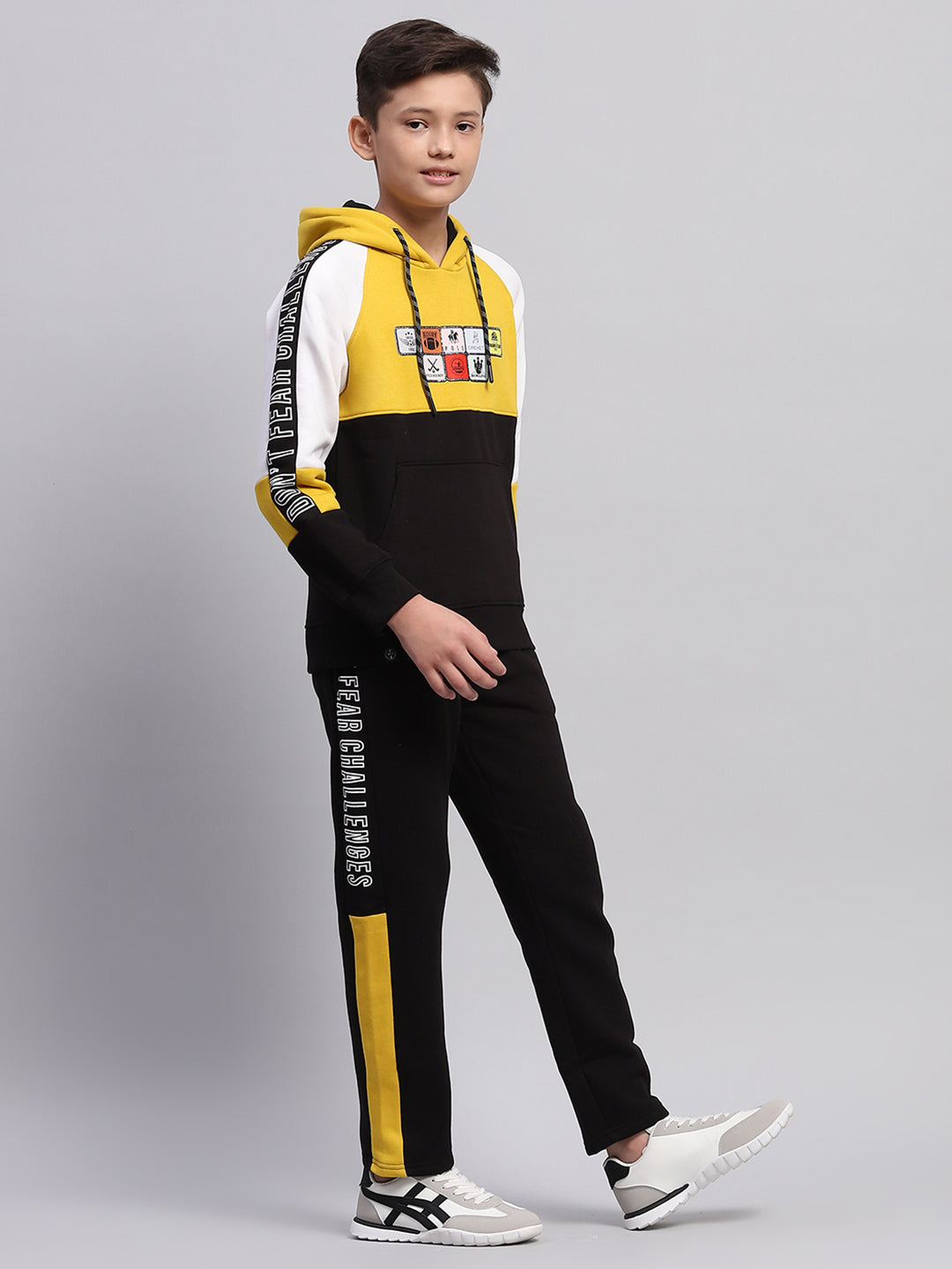 Boys Mustard & Black Printed Hooded Full Sleeve Tracksuit