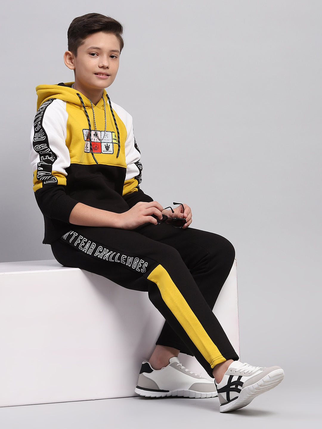 Boys Mustard & Black Printed Hooded Full Sleeve Tracksuit