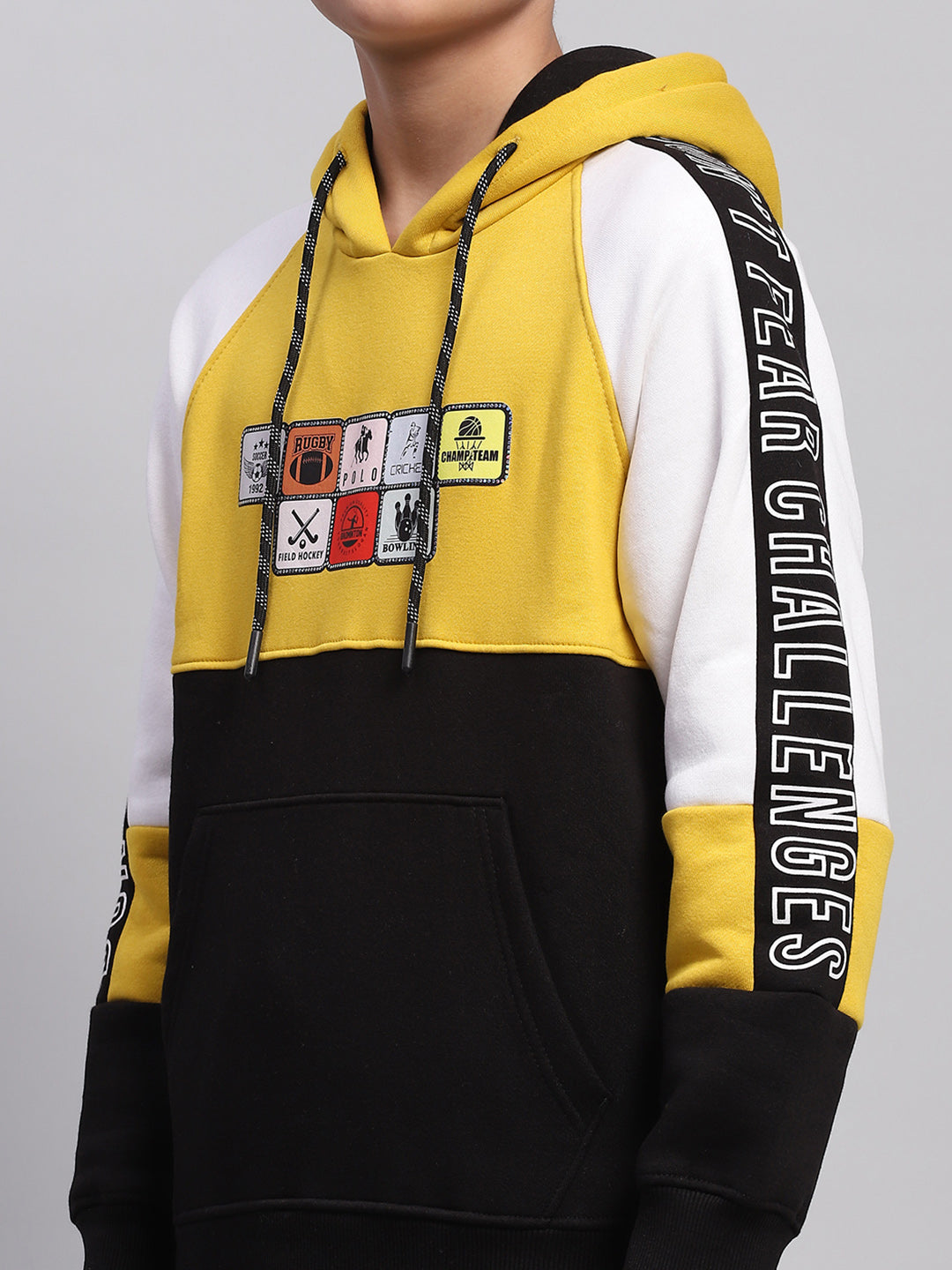 Boys Mustard & Black Printed Hooded Full Sleeve Tracksuit