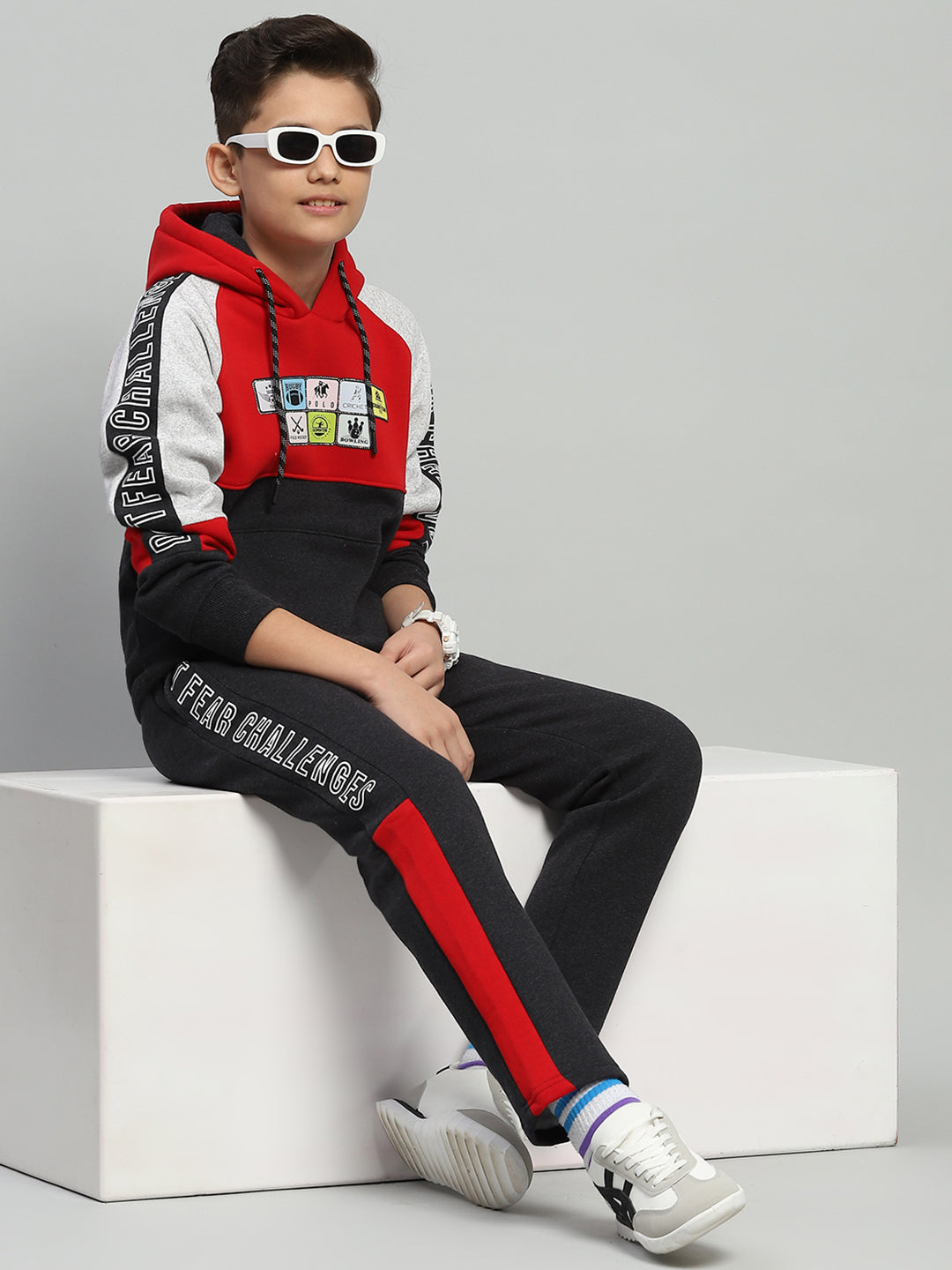 Boys Red & Grey Printed Hooded Full Sleeve Tracksuit