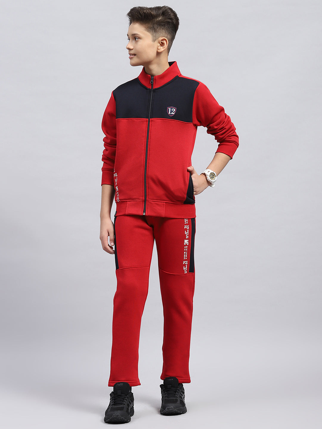 Boys Red Printed Mock Neck Full Sleeve Tracksuit