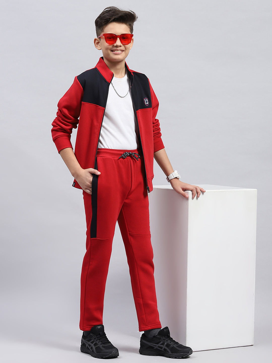 Boys Red Printed Mock Neck Full Sleeve Tracksuit