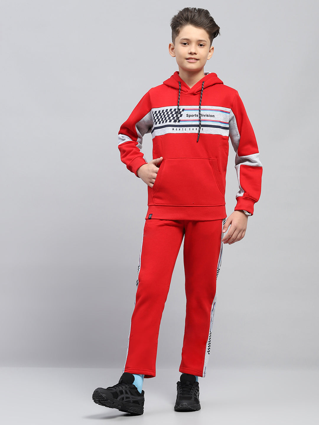 Boys Red Printed Hooded Full Sleeve Tracksuit