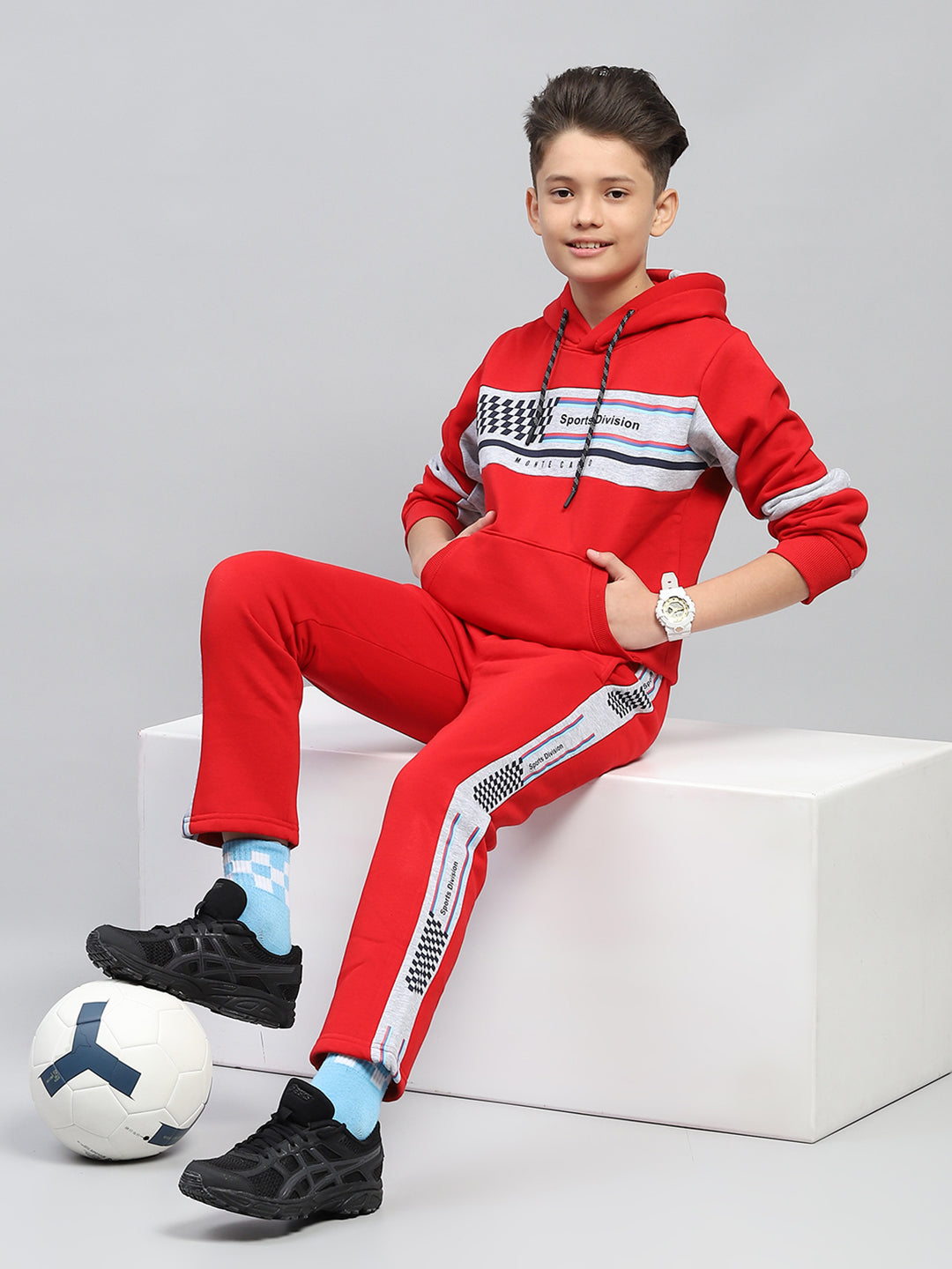 Boys Red Printed Hooded Full Sleeve Tracksuit