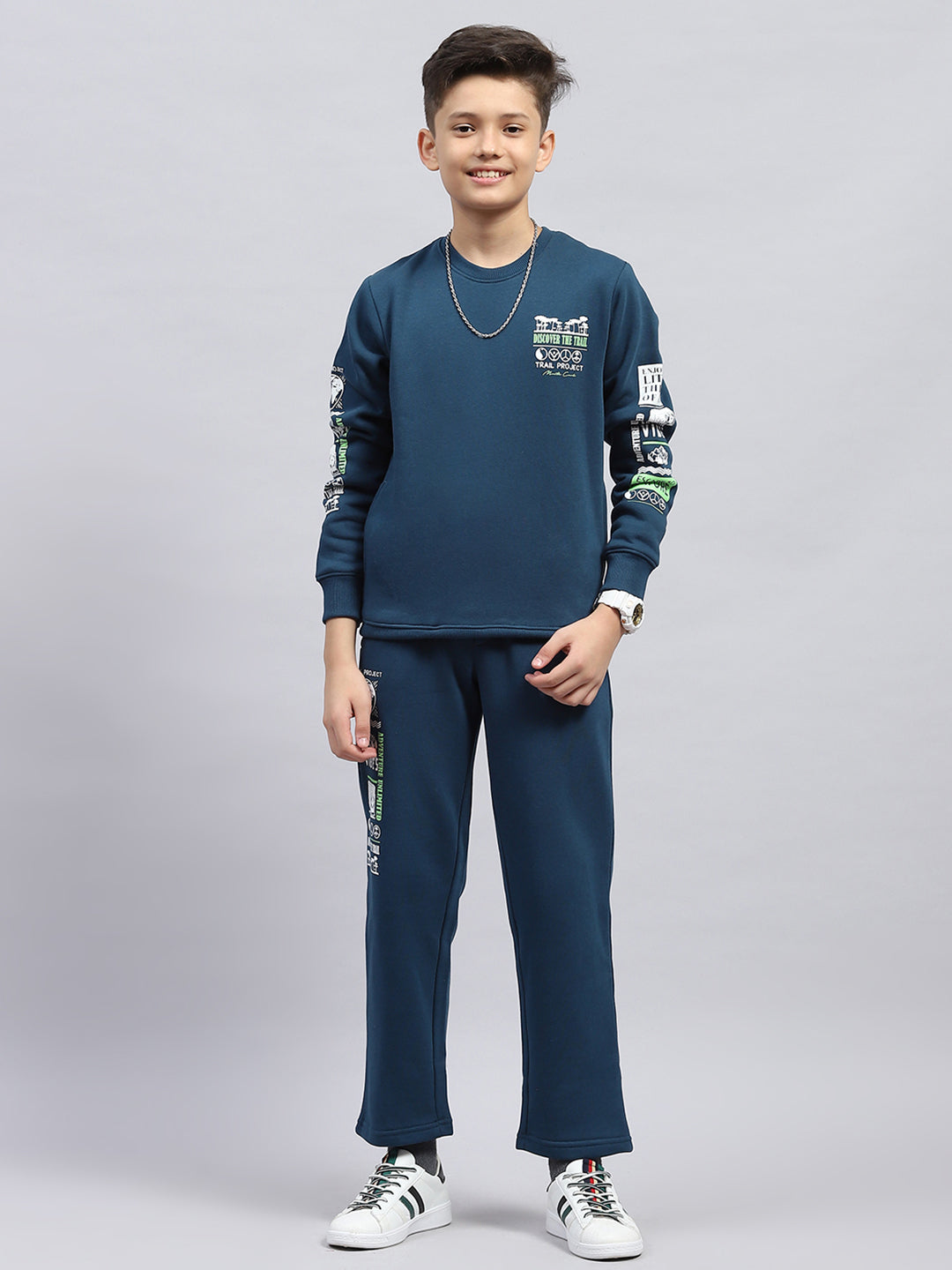 Boys Teal Blue Printed Round Neck Full Sleeve Tracksuit