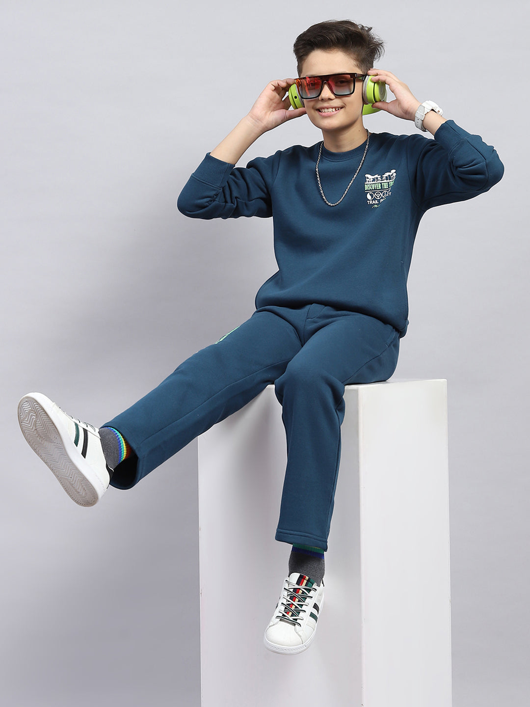 Boys Teal Blue Printed Round Neck Full Sleeve Tracksuit