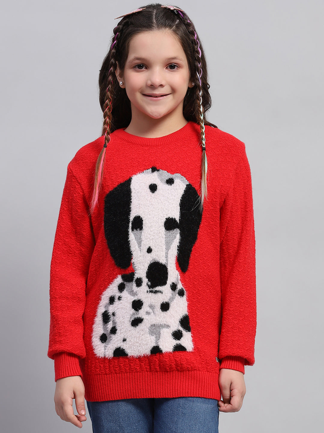 Girls Red Printed Round Neck Full Sleeve Winter Top