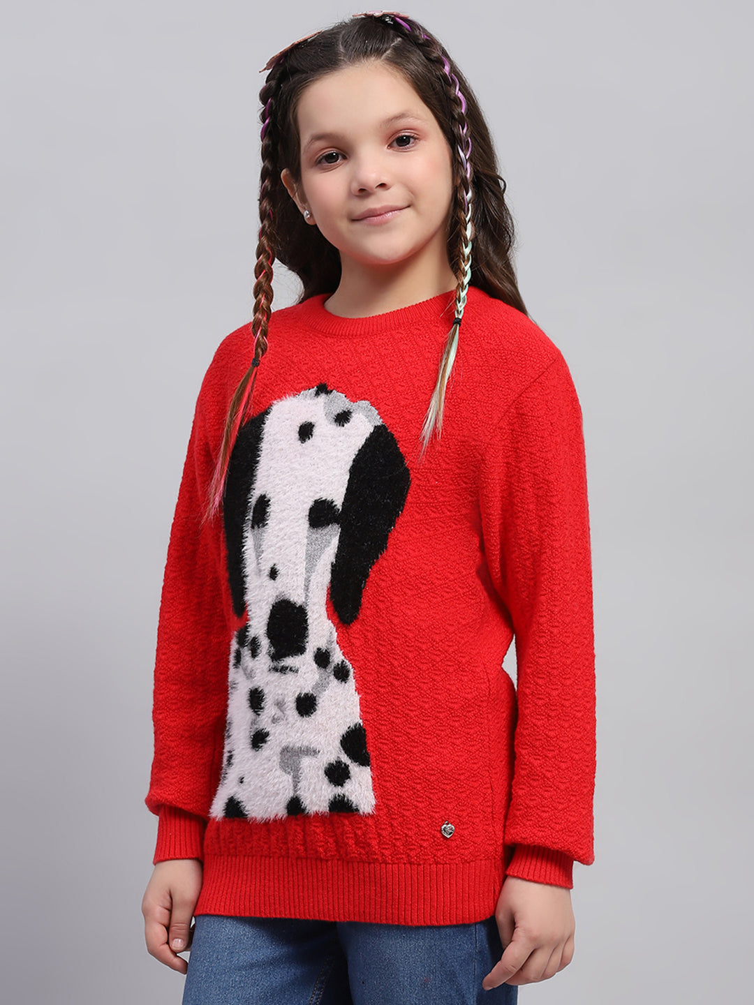 Girls Red Printed Round Neck Full Sleeve Winter Top