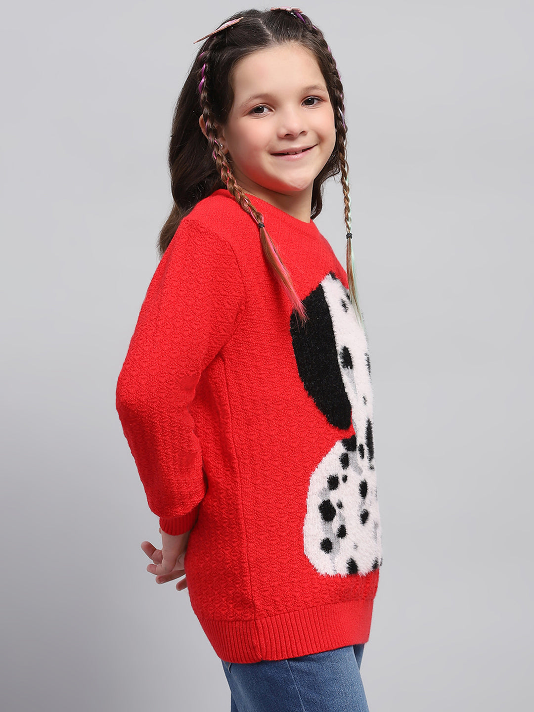 Girls Red Printed Round Neck Full Sleeve Winter Top