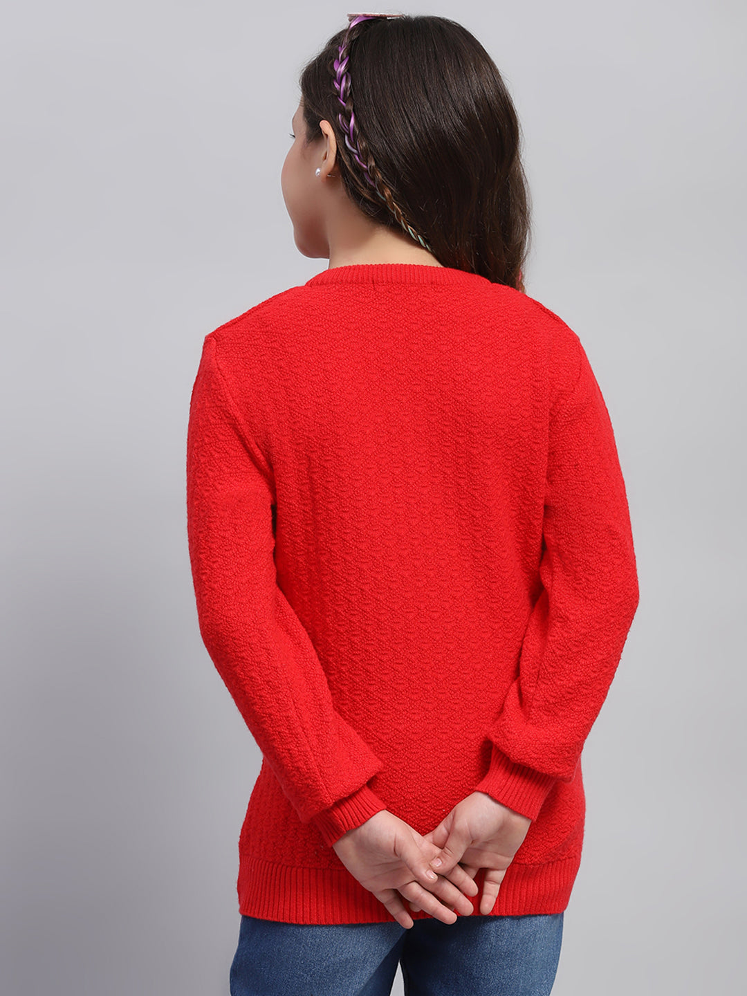 Girls Red Printed Round Neck Full Sleeve Winter Top