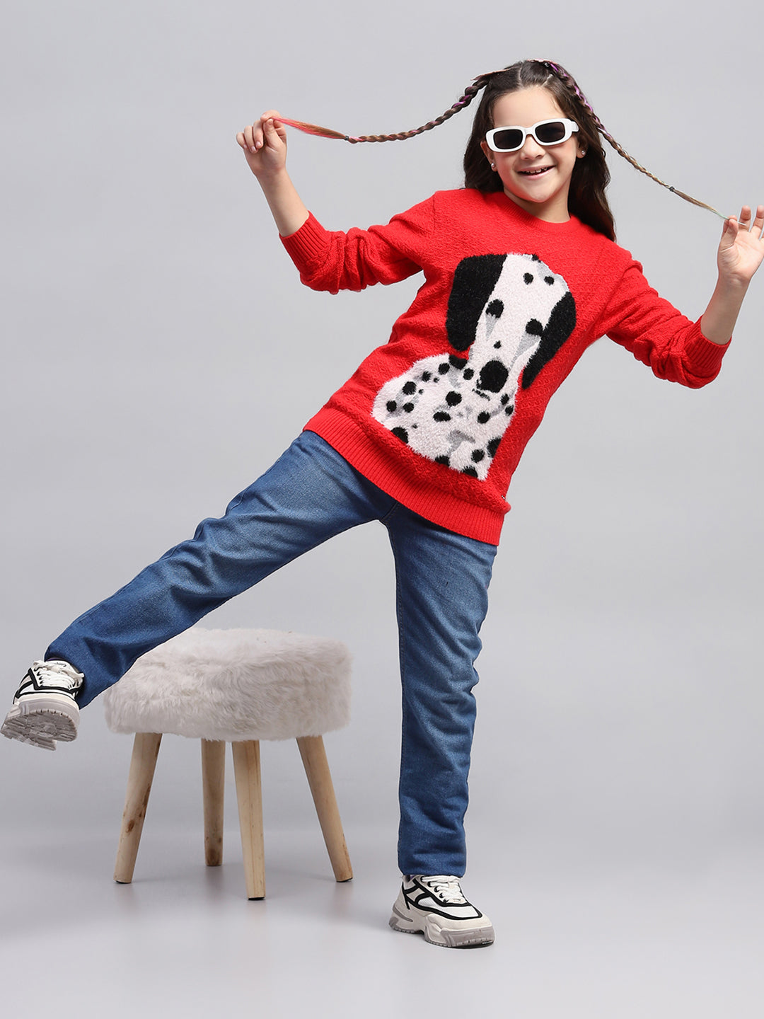 Girls Red Printed Round Neck Full Sleeve Winter Top