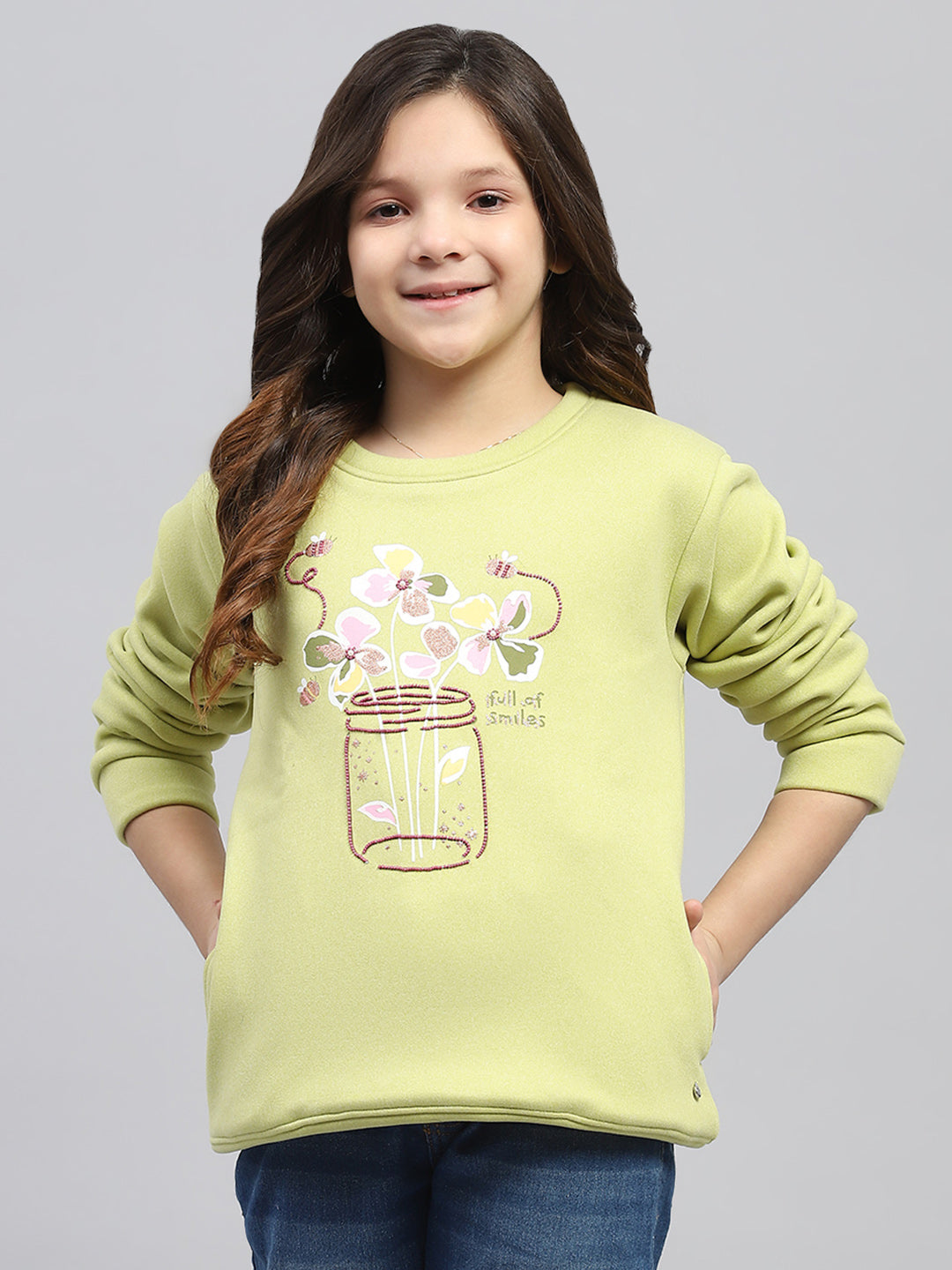 Girls Green Printed Round Neck Full Sleeve Sweatshirt