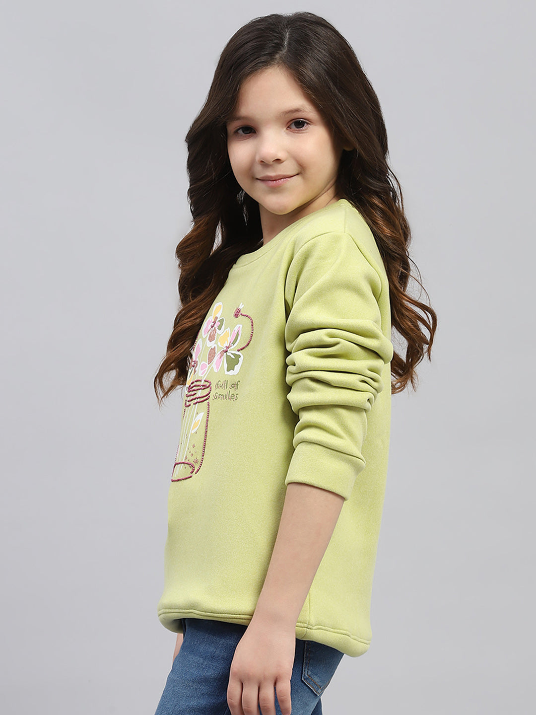 Girls Green Printed Round Neck Full Sleeve Sweatshirt