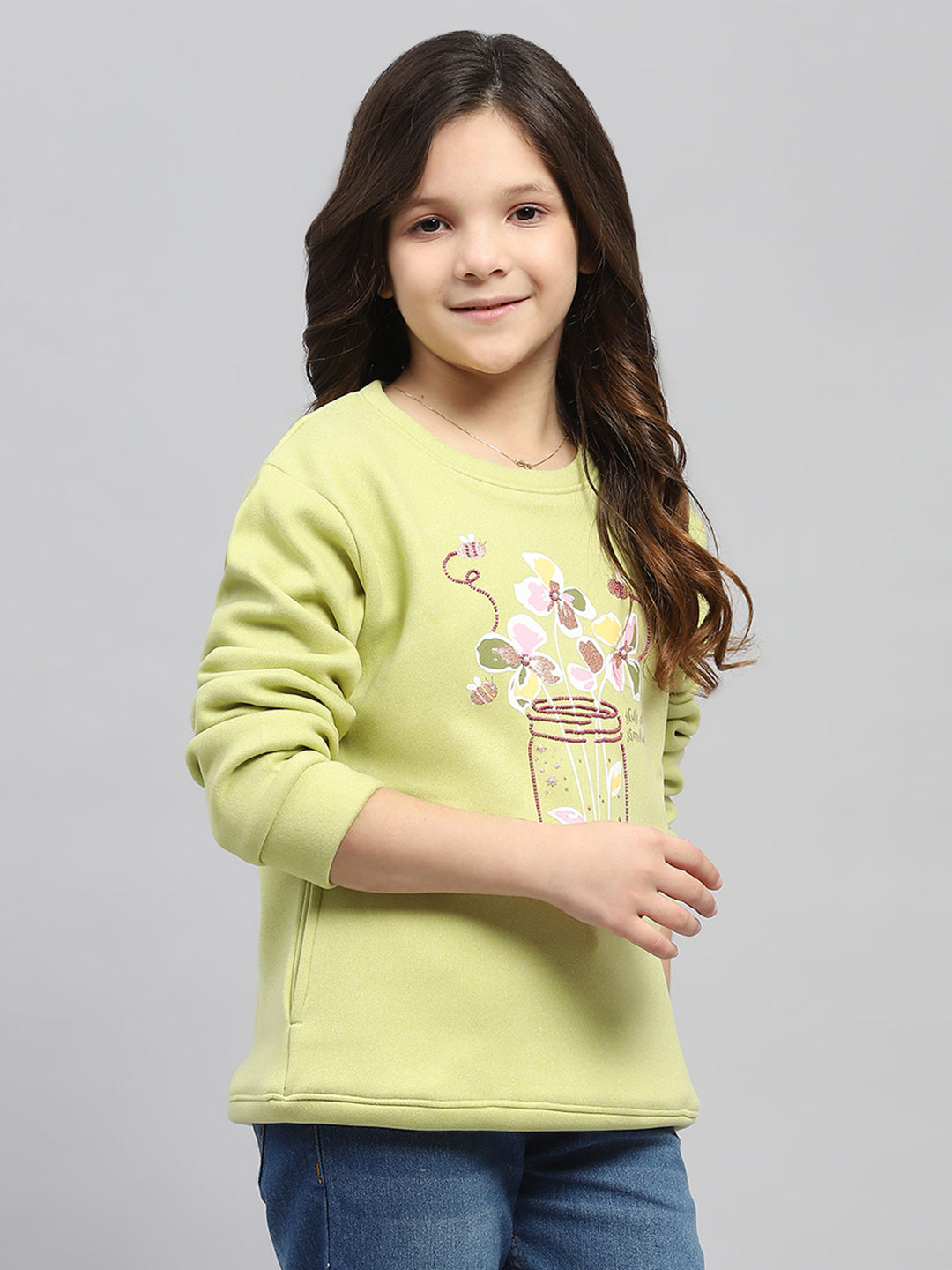 Girls Green Printed Round Neck Full Sleeve Sweatshirt