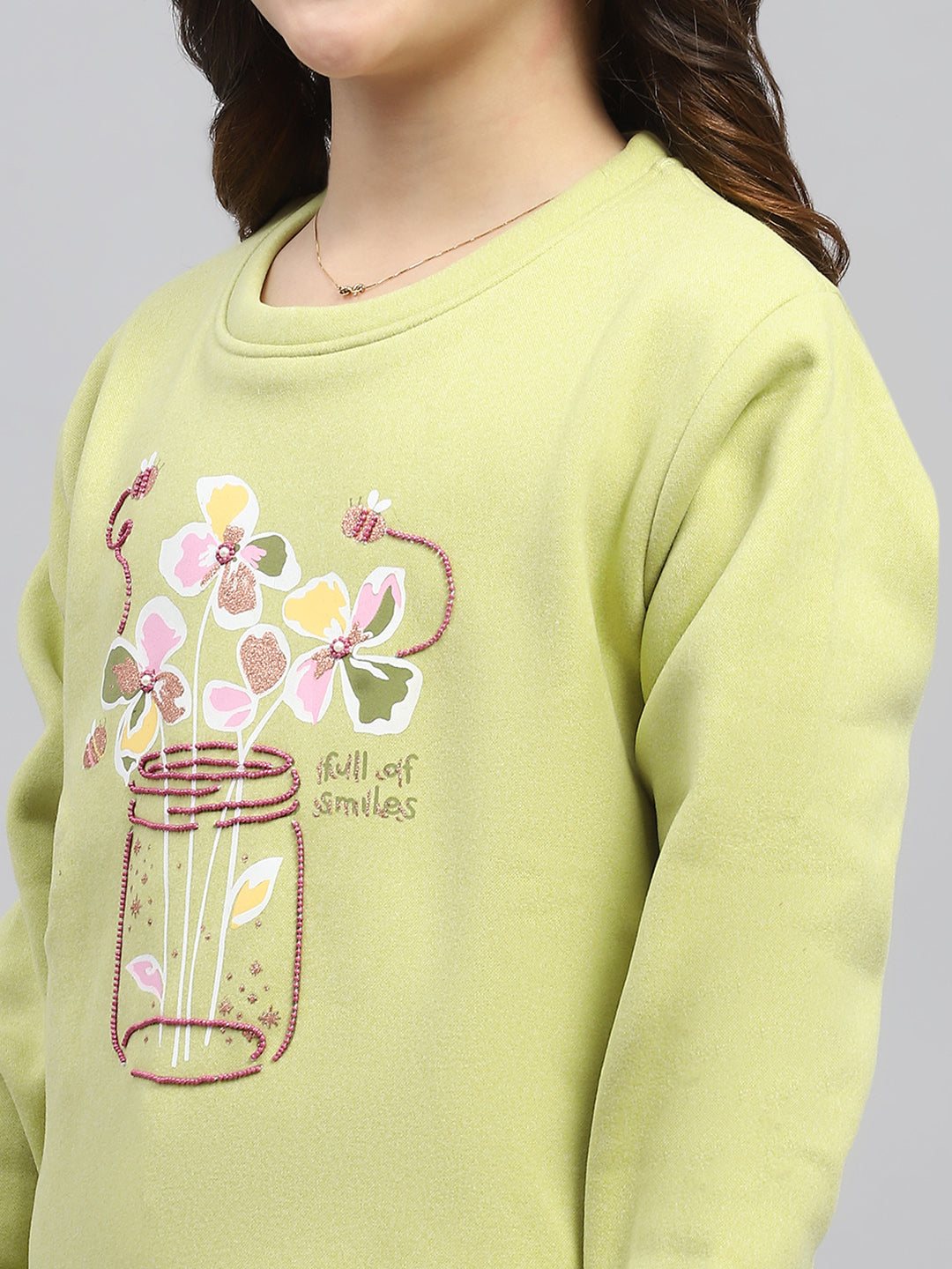 Girls Green Printed Round Neck Full Sleeve Sweatshirt