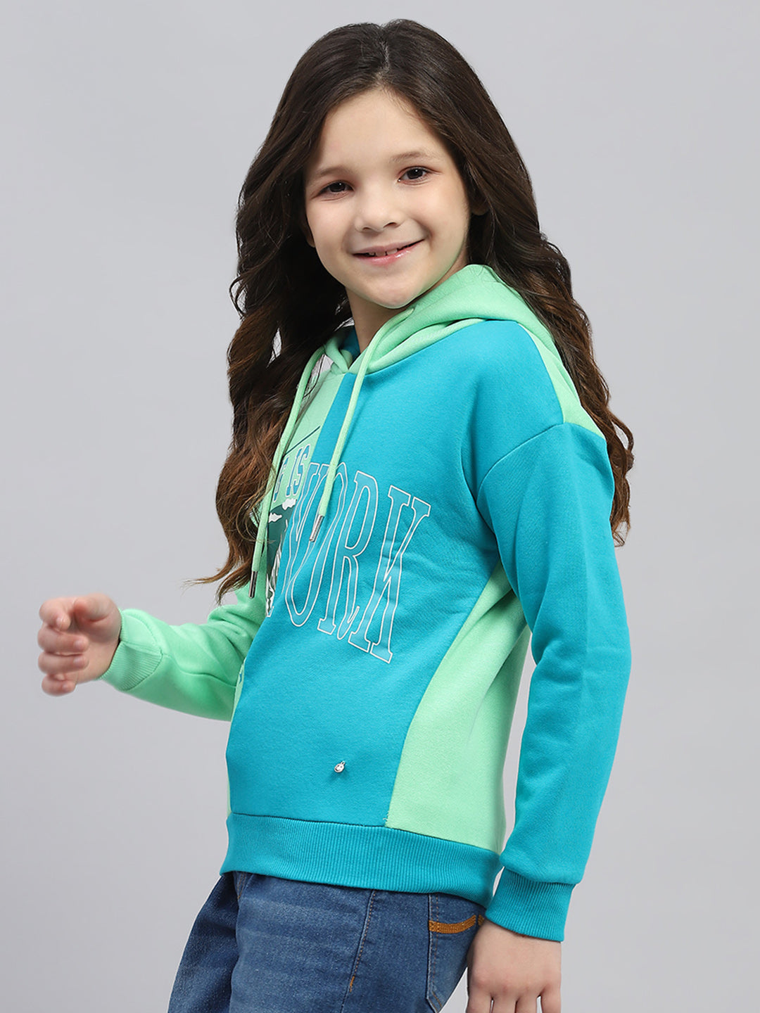 Girls Teal Blue Printed Hooded Full Sleeve Sweatshirt