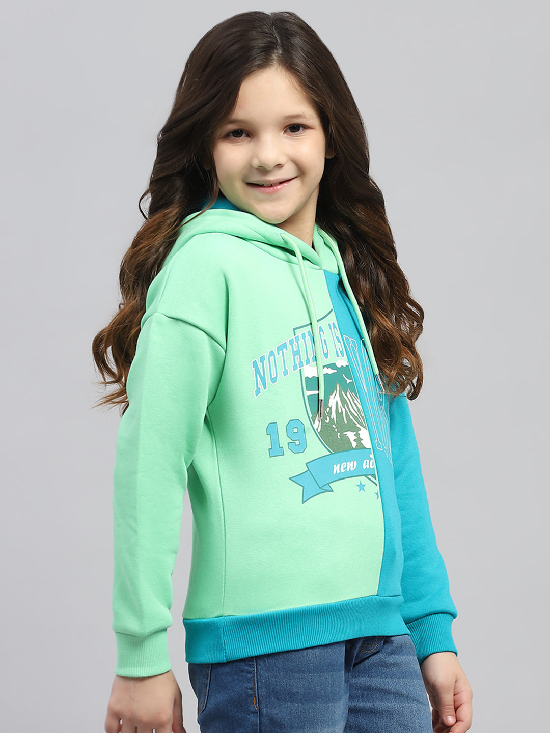 Girls Teal Blue Printed Hooded Full Sleeve Sweatshirt