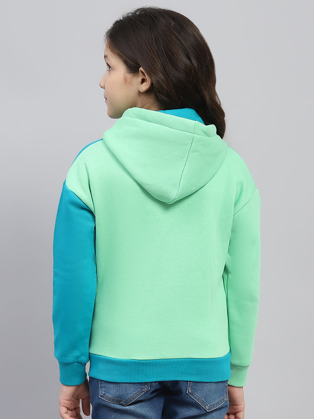 Girls Teal Blue Printed Hooded Full Sleeve Sweatshirt