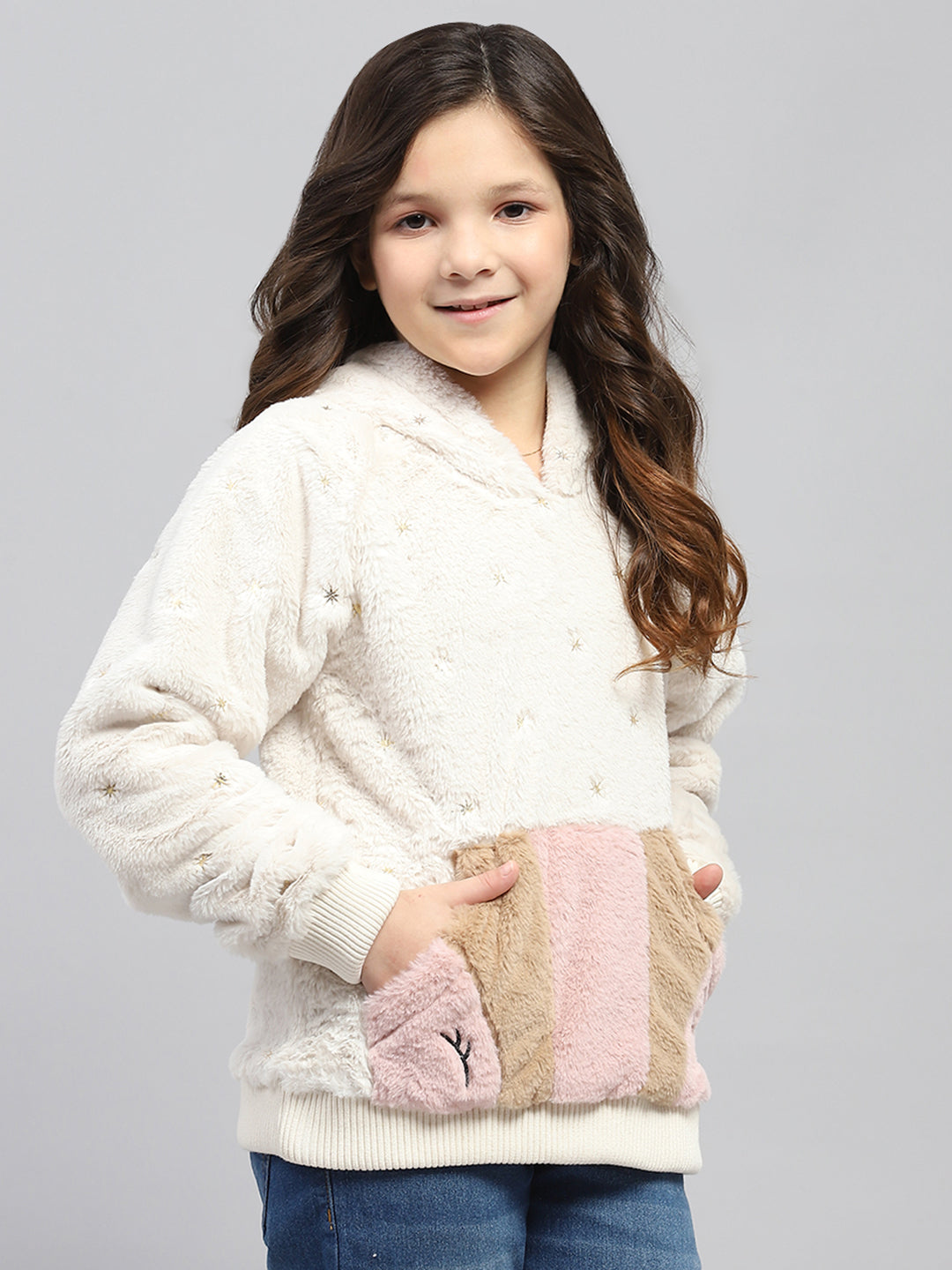 Girls Cream Self Design Hooded Full Sleeve Sweatshirt