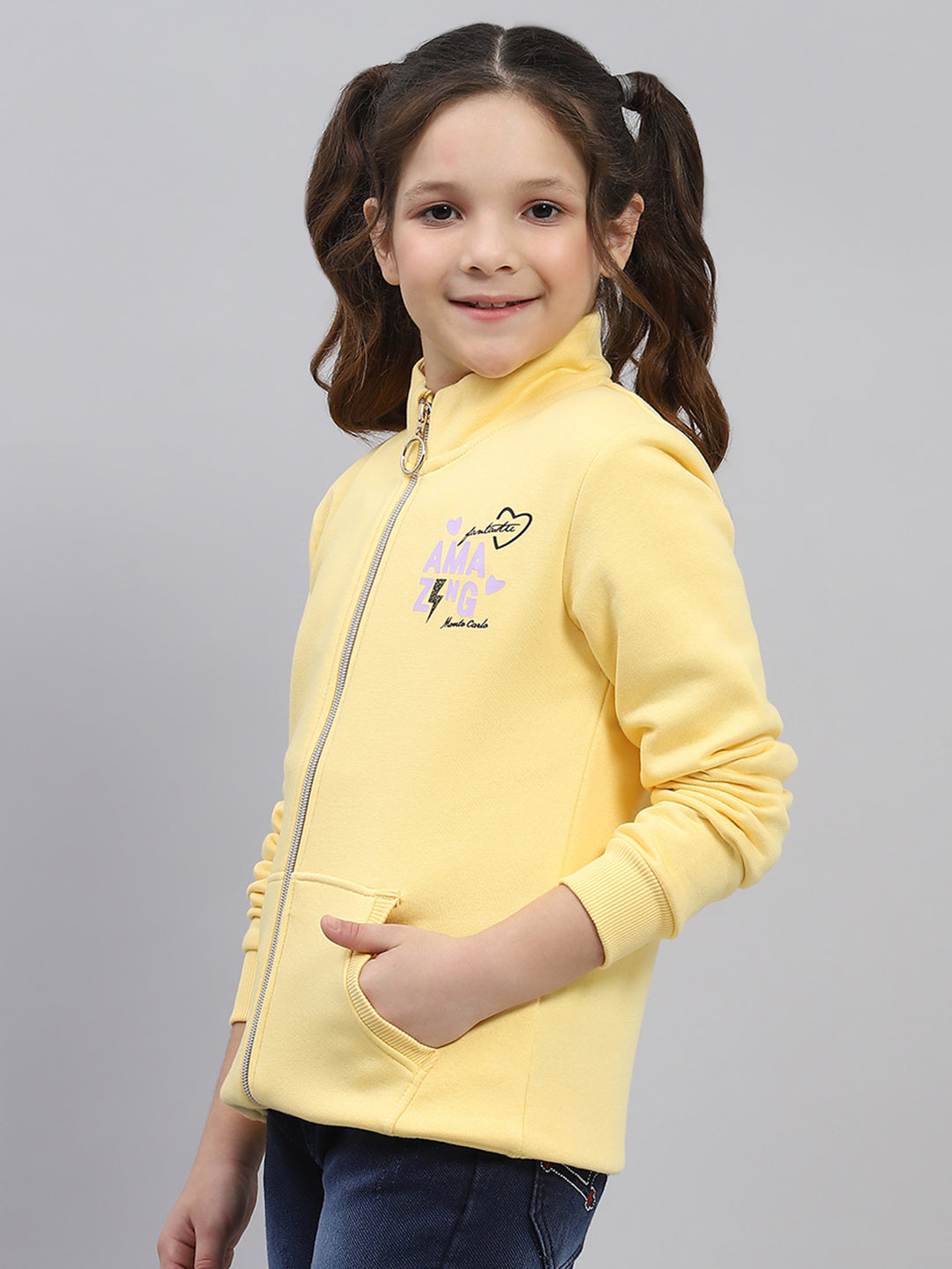 Girls Yellow Printed Mock Neck Full Sleeve Sweatshirt