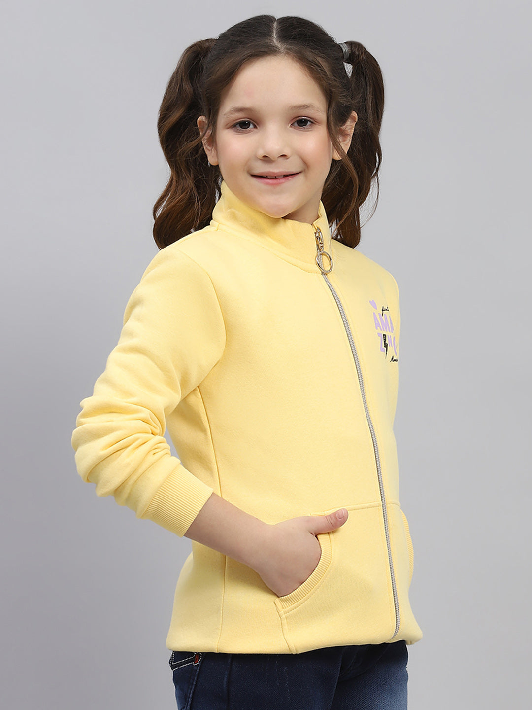 Girls Yellow Printed Mock Neck Full Sleeve Sweatshirt