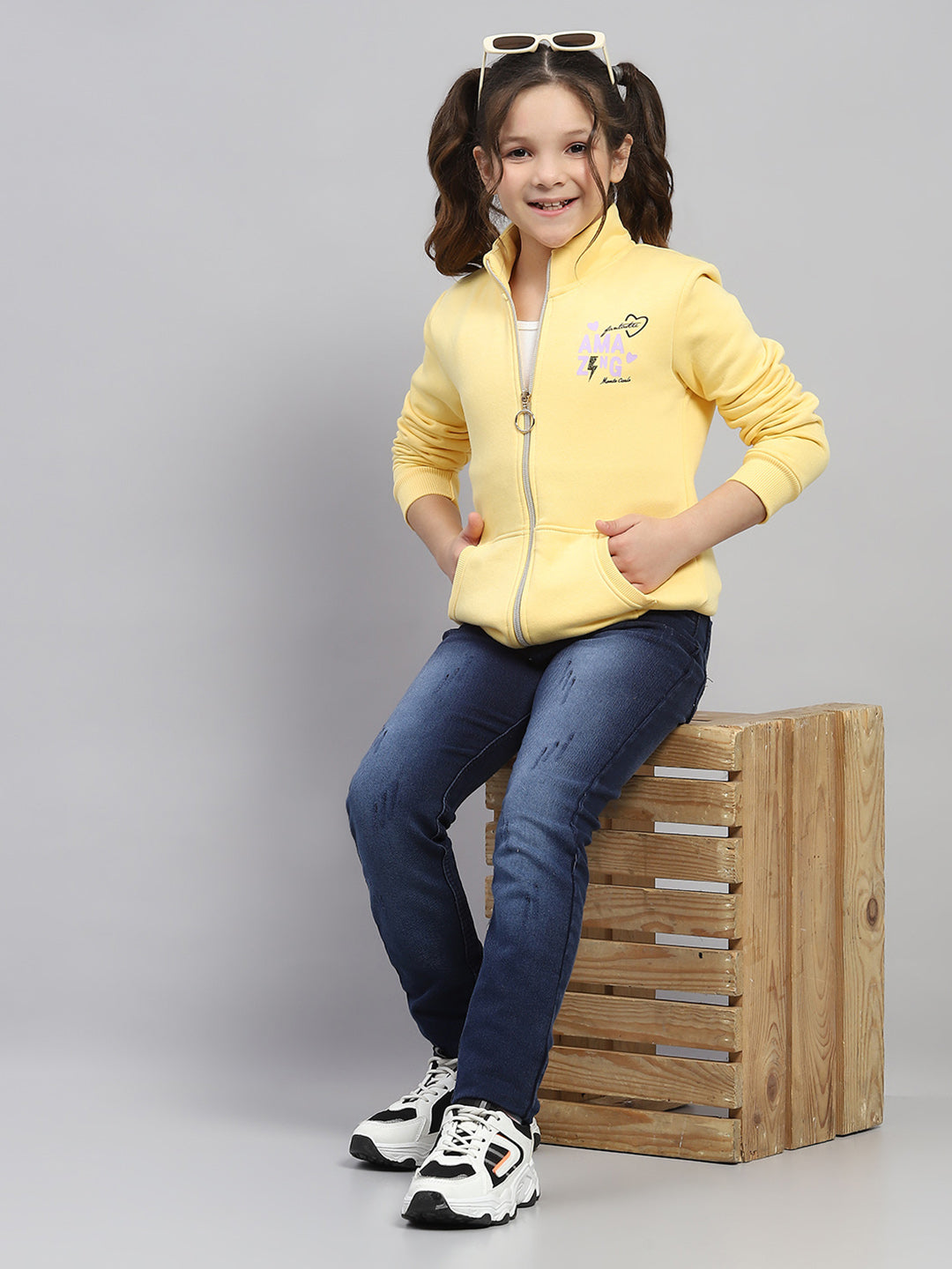 Girls Yellow Printed Mock Neck Full Sleeve Sweatshirt