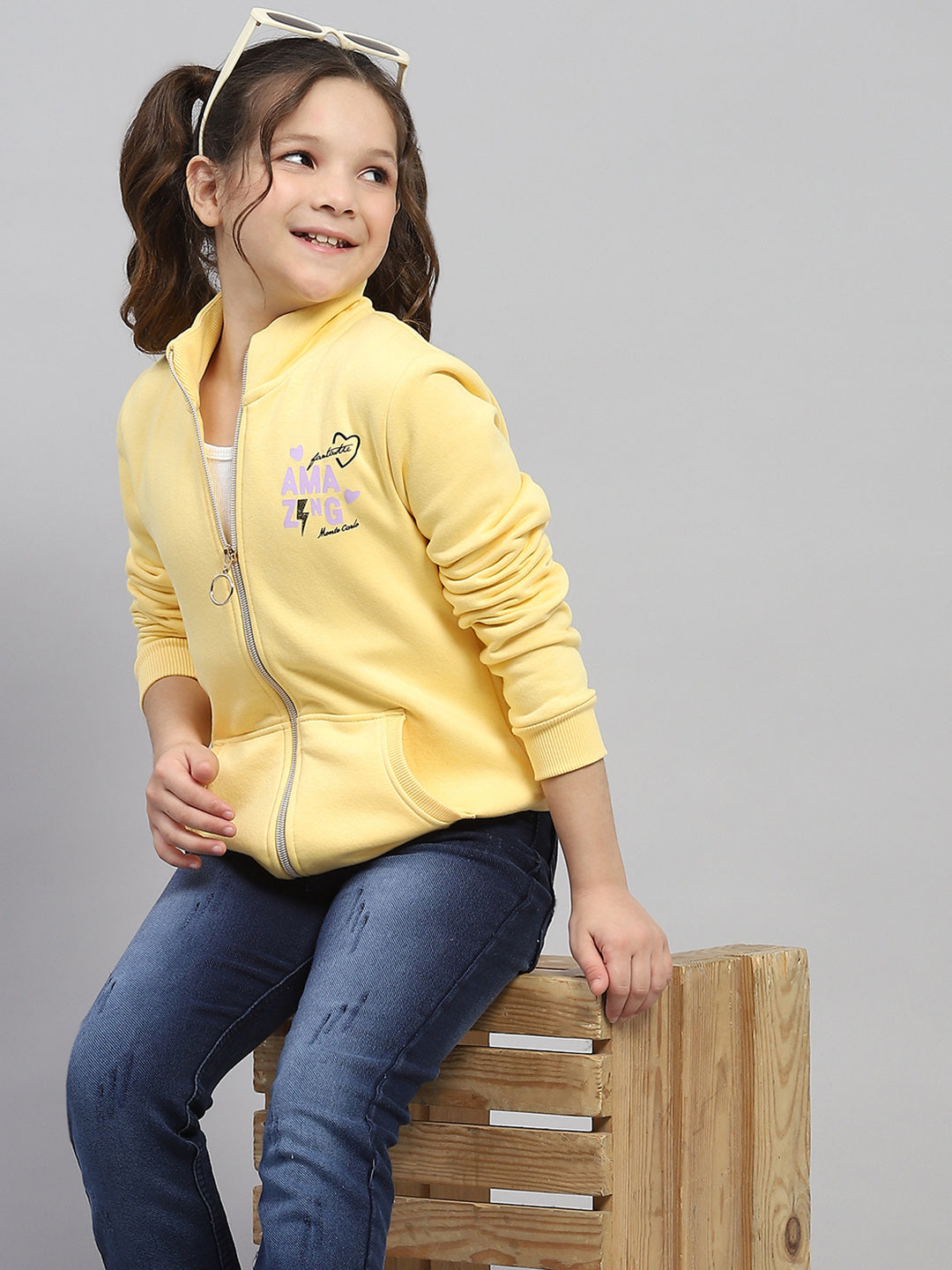 Girls Yellow Printed Mock Neck Full Sleeve Sweatshirt