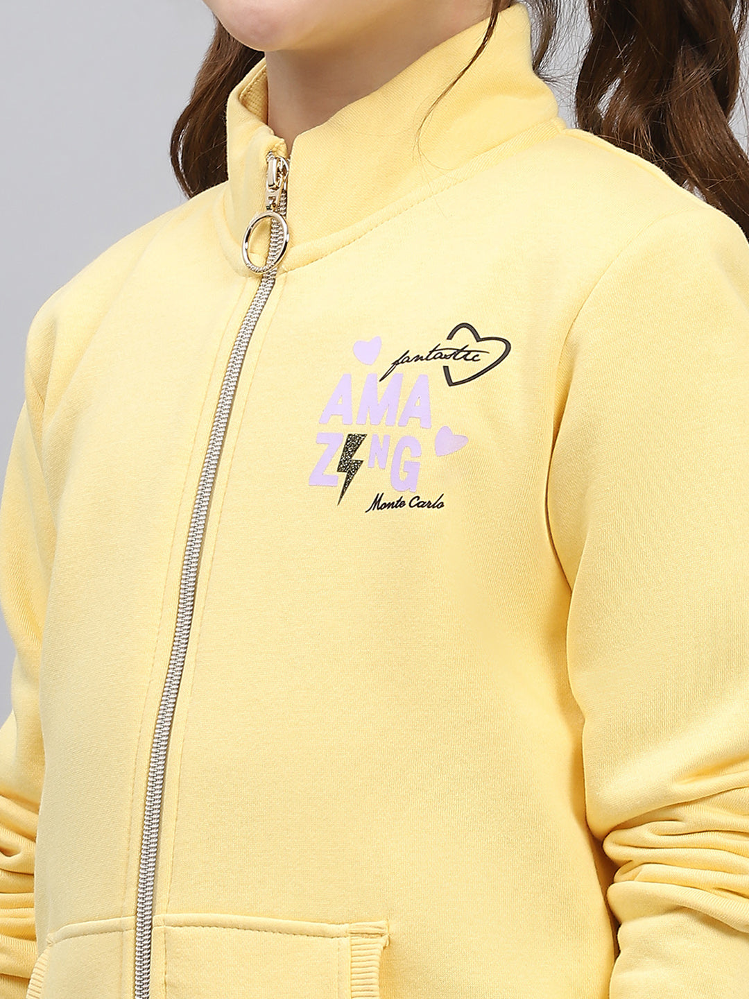 Girls Yellow Printed Mock Neck Full Sleeve Sweatshirt