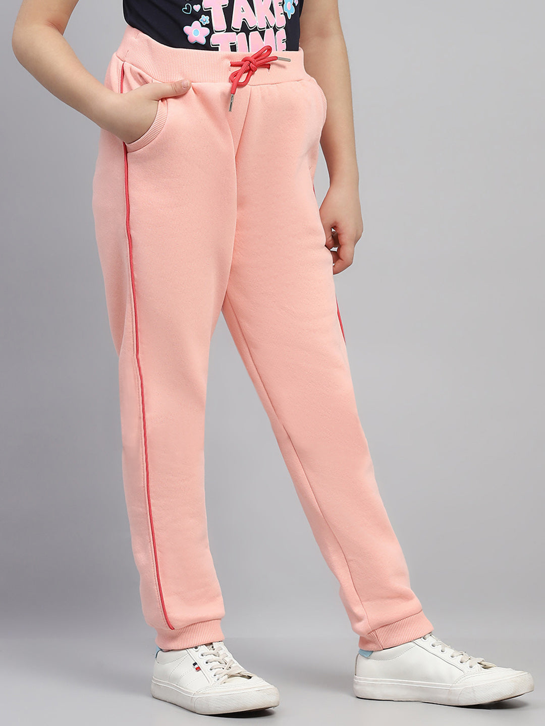 Girls Peach Solid Regular Fit Lower