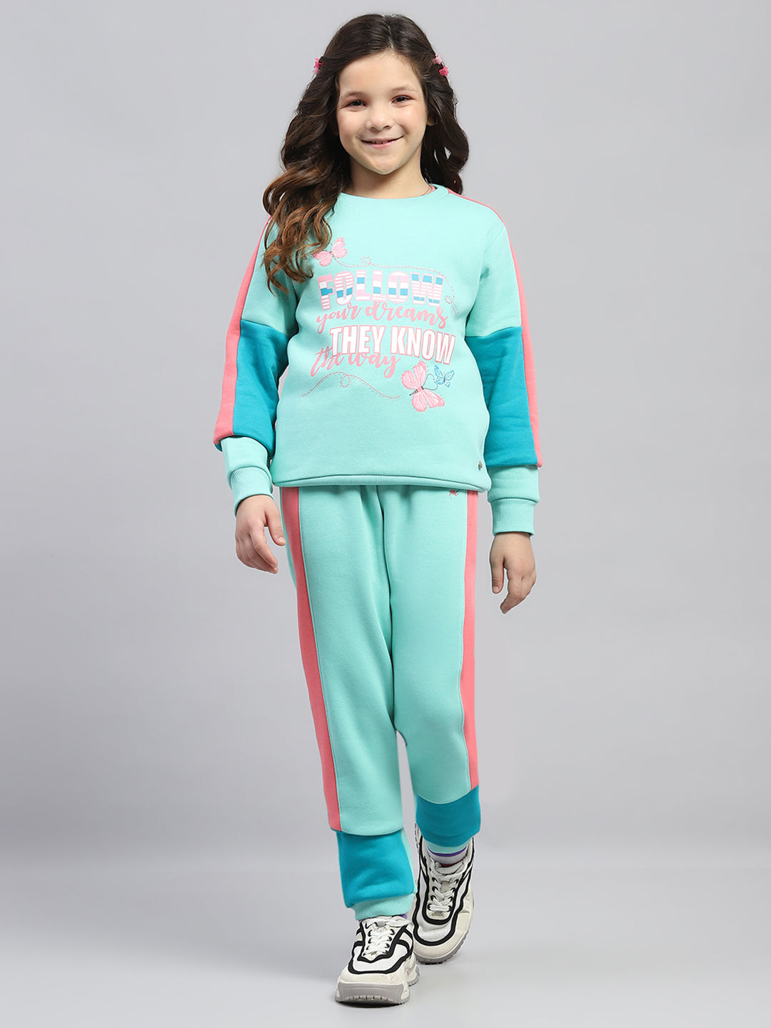 Girls Green Printed Round Neck Full Sleeve Tracksuit