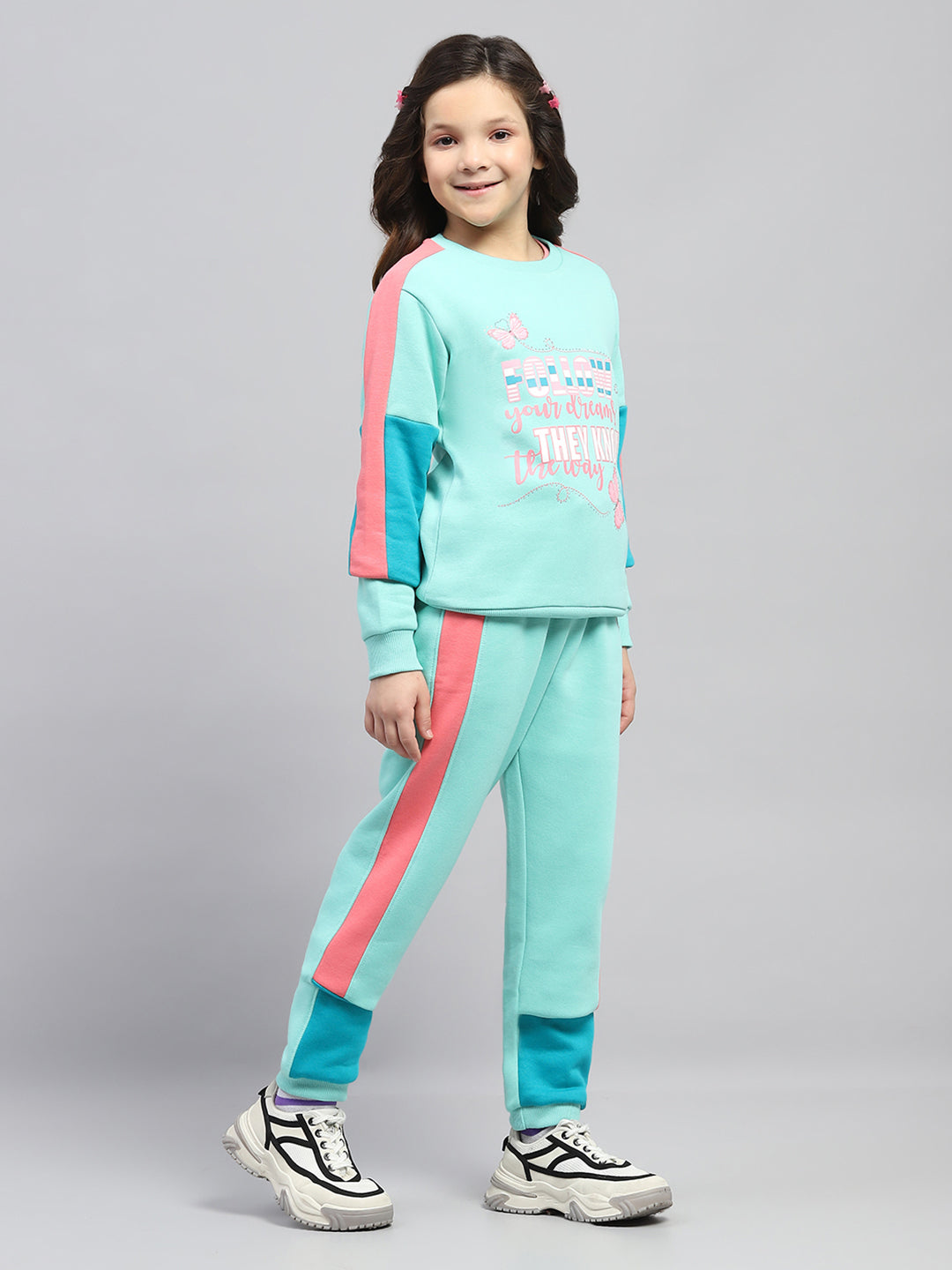 Girls Green Printed Round Neck Full Sleeve Tracksuit