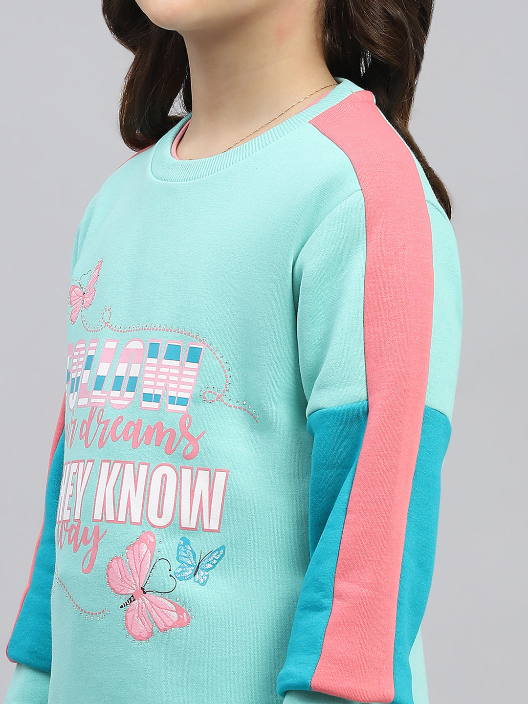 Girls Green Printed Round Neck Full Sleeve Tracksuit