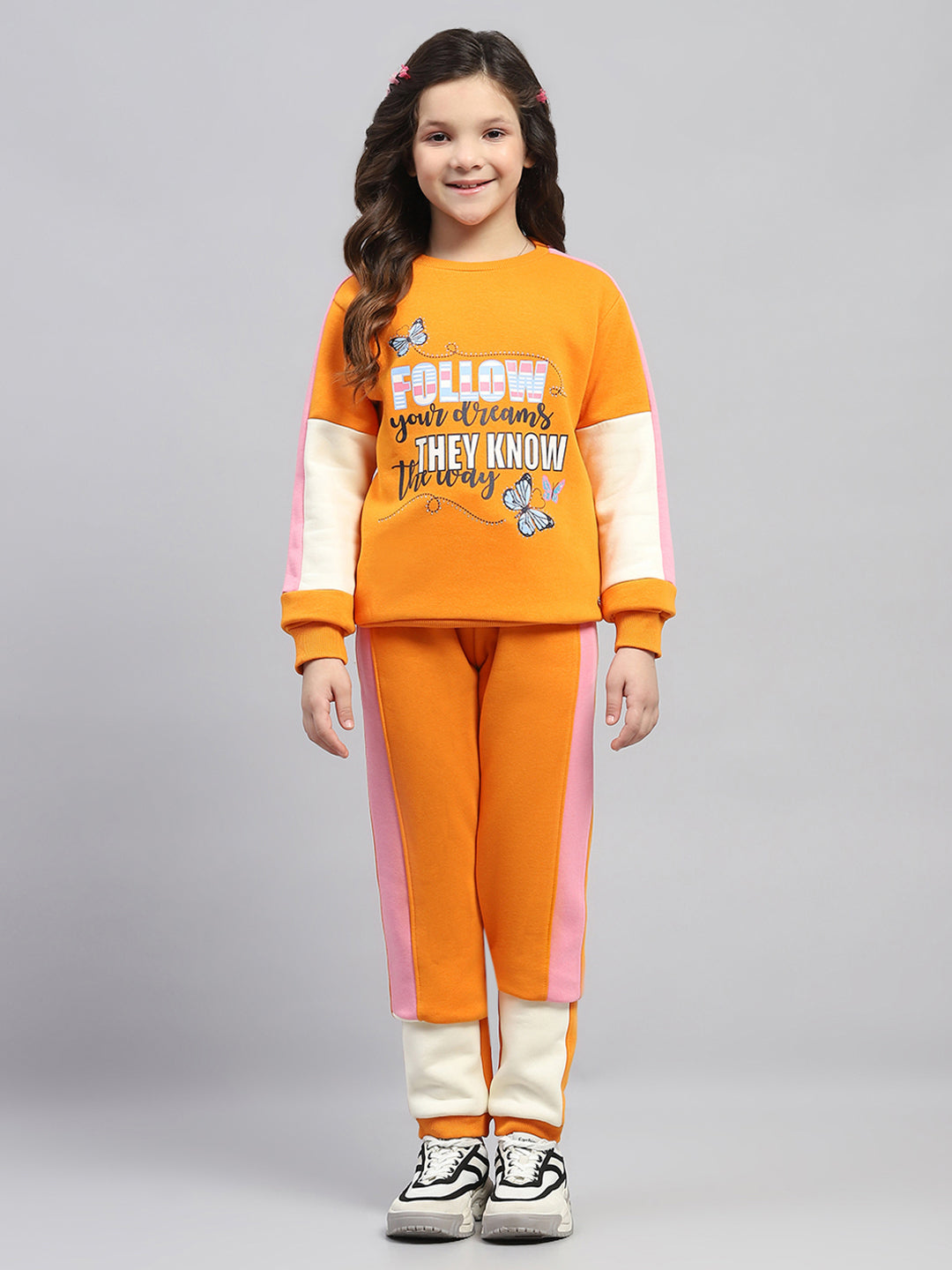 Girls Orange Printed Round Neck Full Sleeve Tracksuit