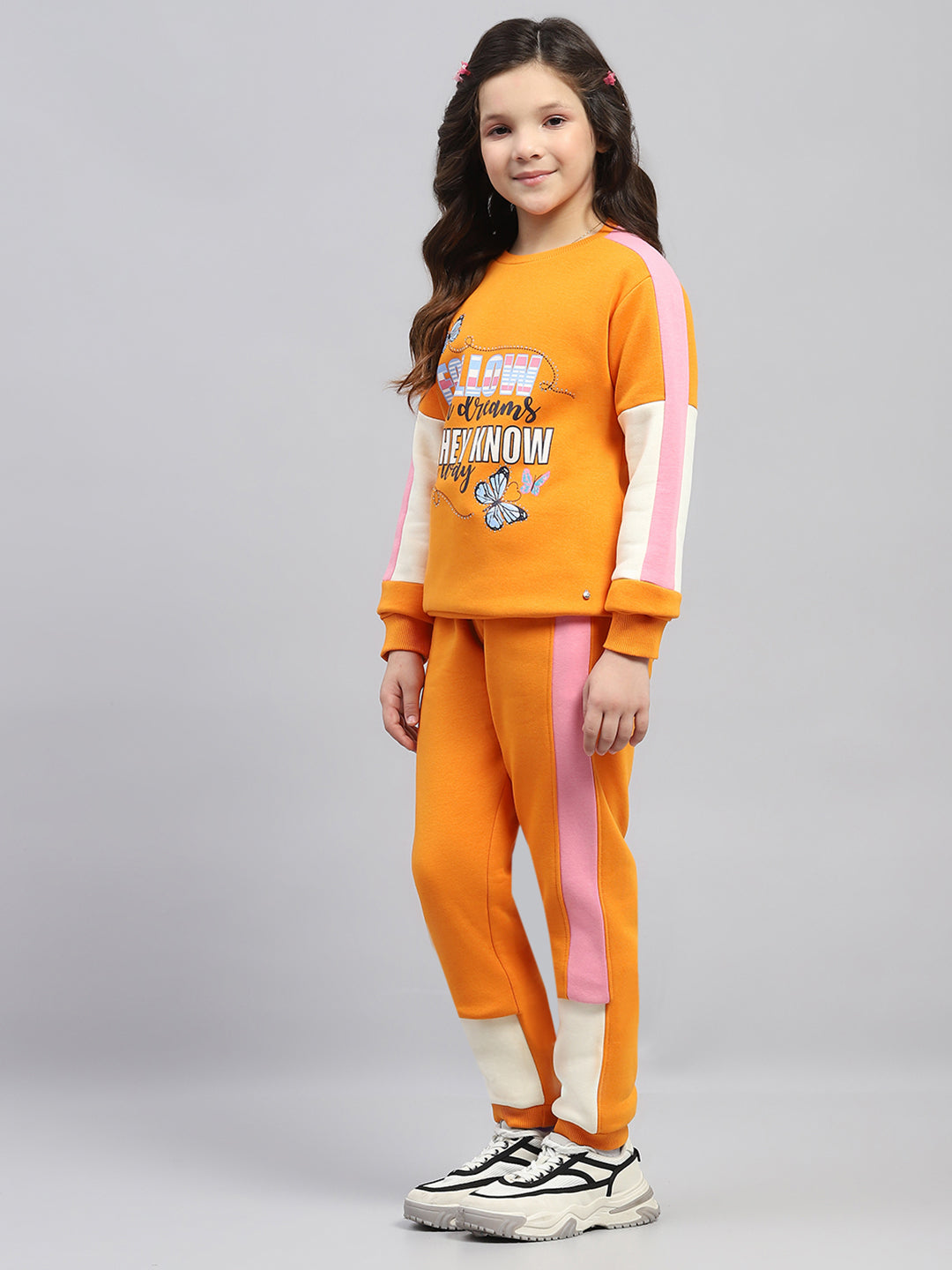 Girls Orange Printed Round Neck Full Sleeve Tracksuit