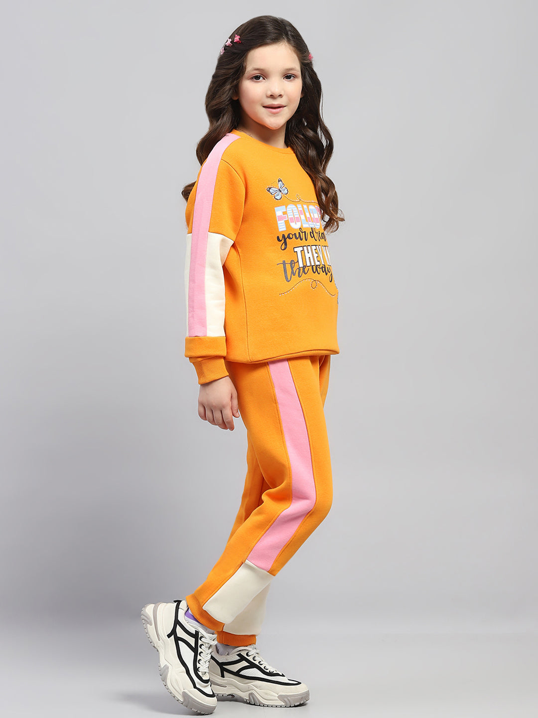 Girls Orange Printed Round Neck Full Sleeve Tracksuit