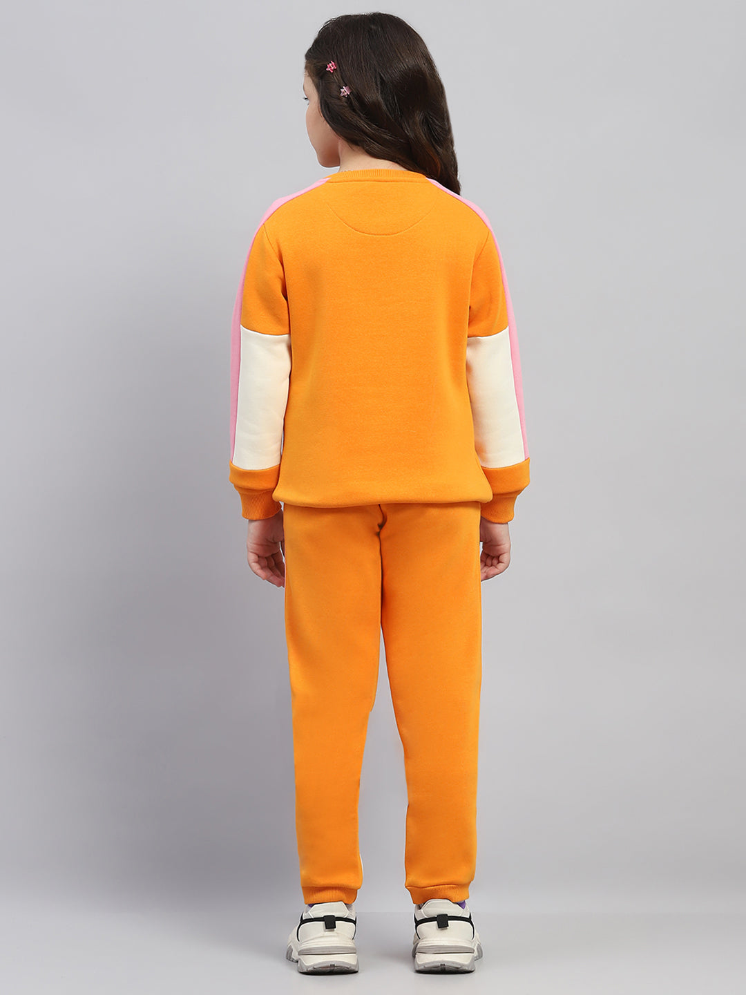 Girls Orange Printed Round Neck Full Sleeve Tracksuit