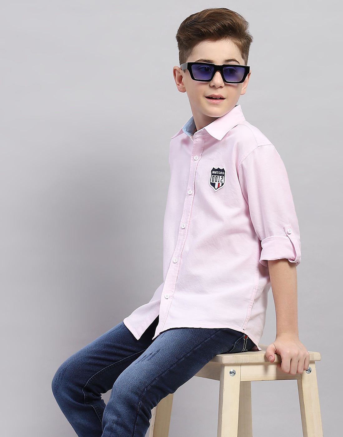 Boys Pink Solid Collar Half Sleeve Shirt