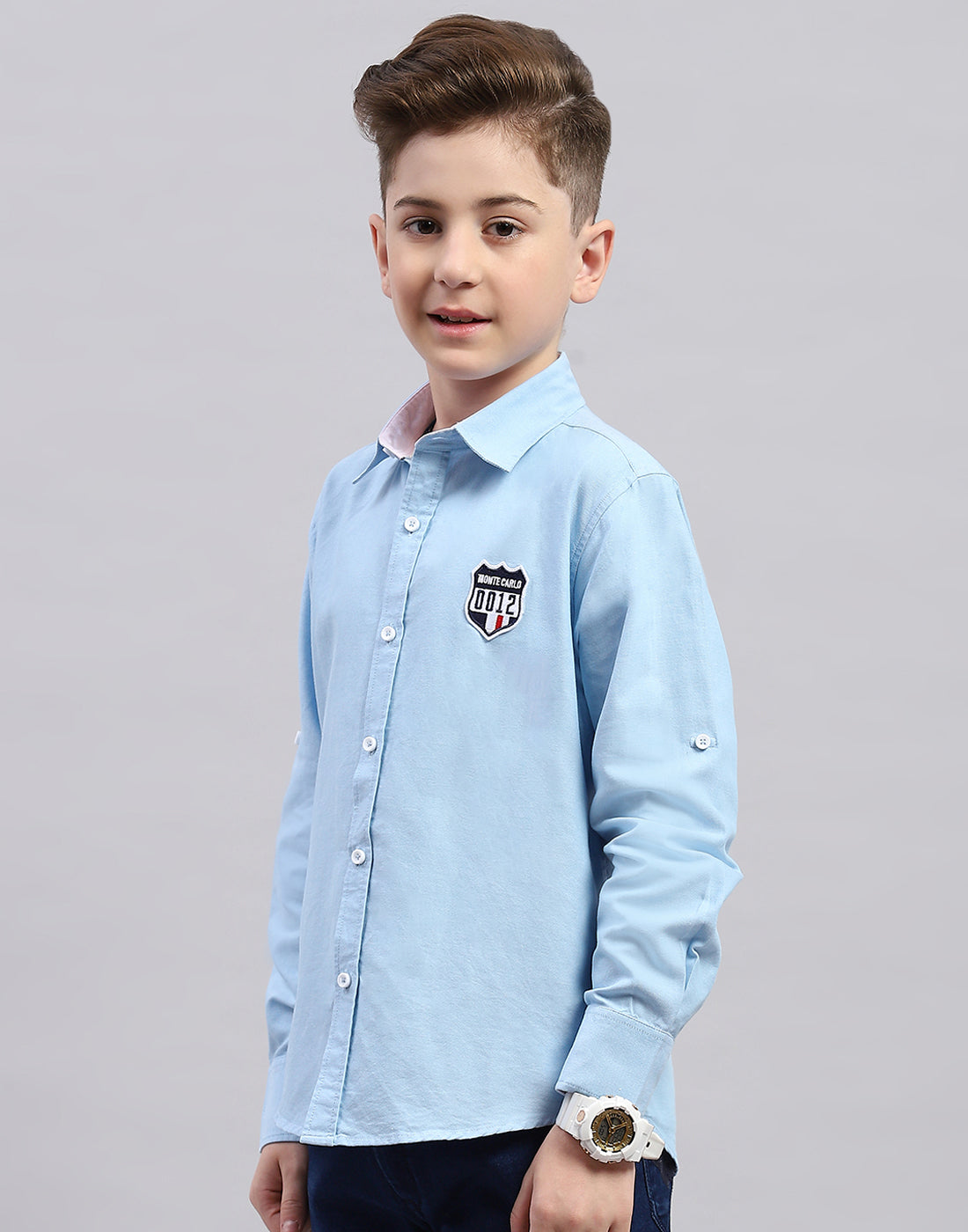 Boys Blue Solid Collar Full Sleeve Shirt