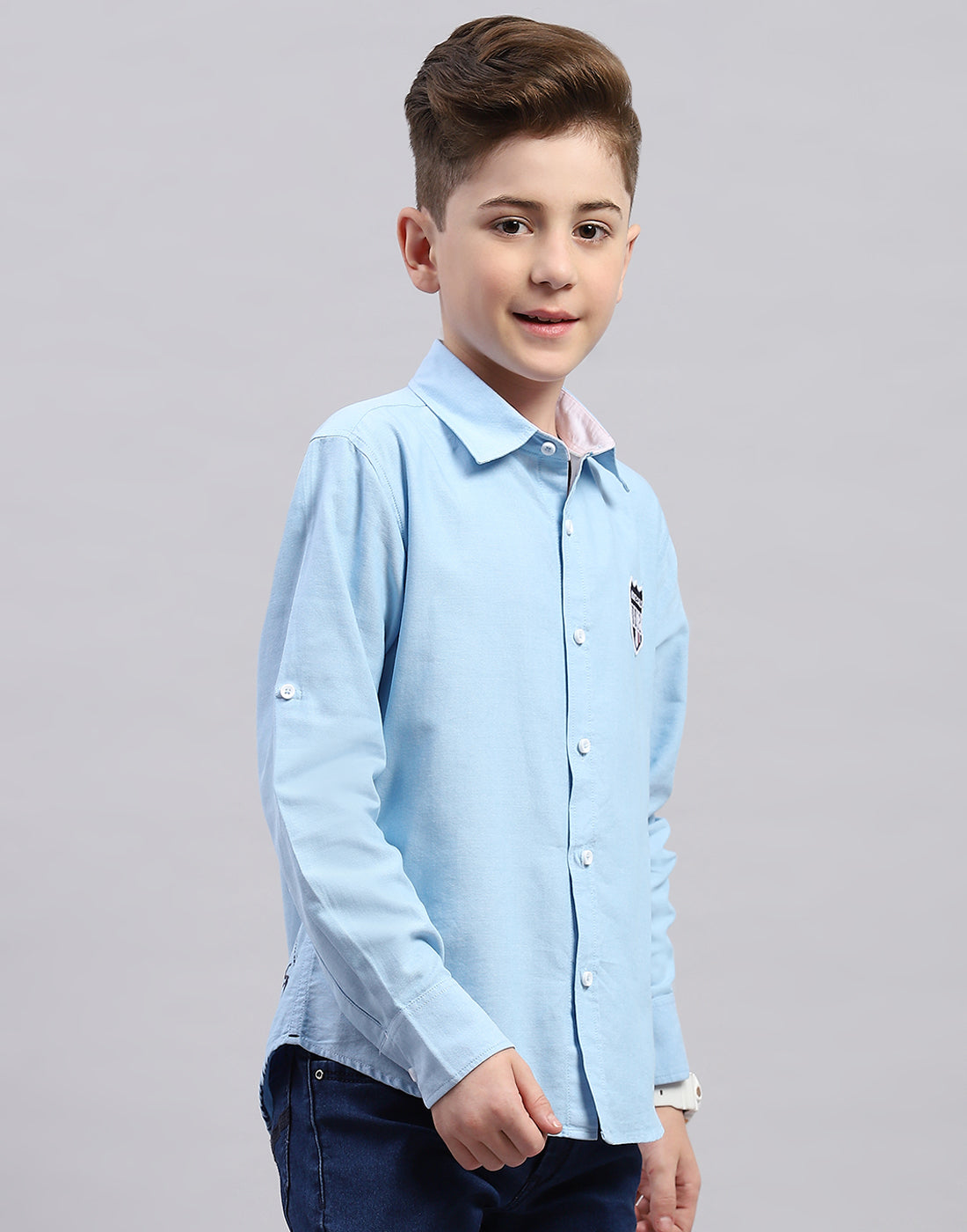 Boys Blue Solid Collar Full Sleeve Shirt