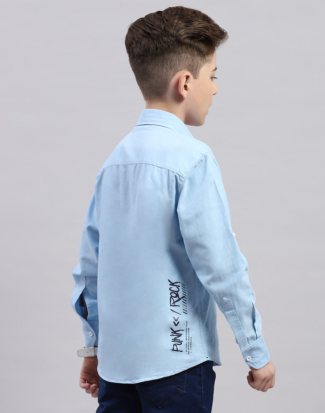 Boys Blue Solid Collar Full Sleeve Shirt