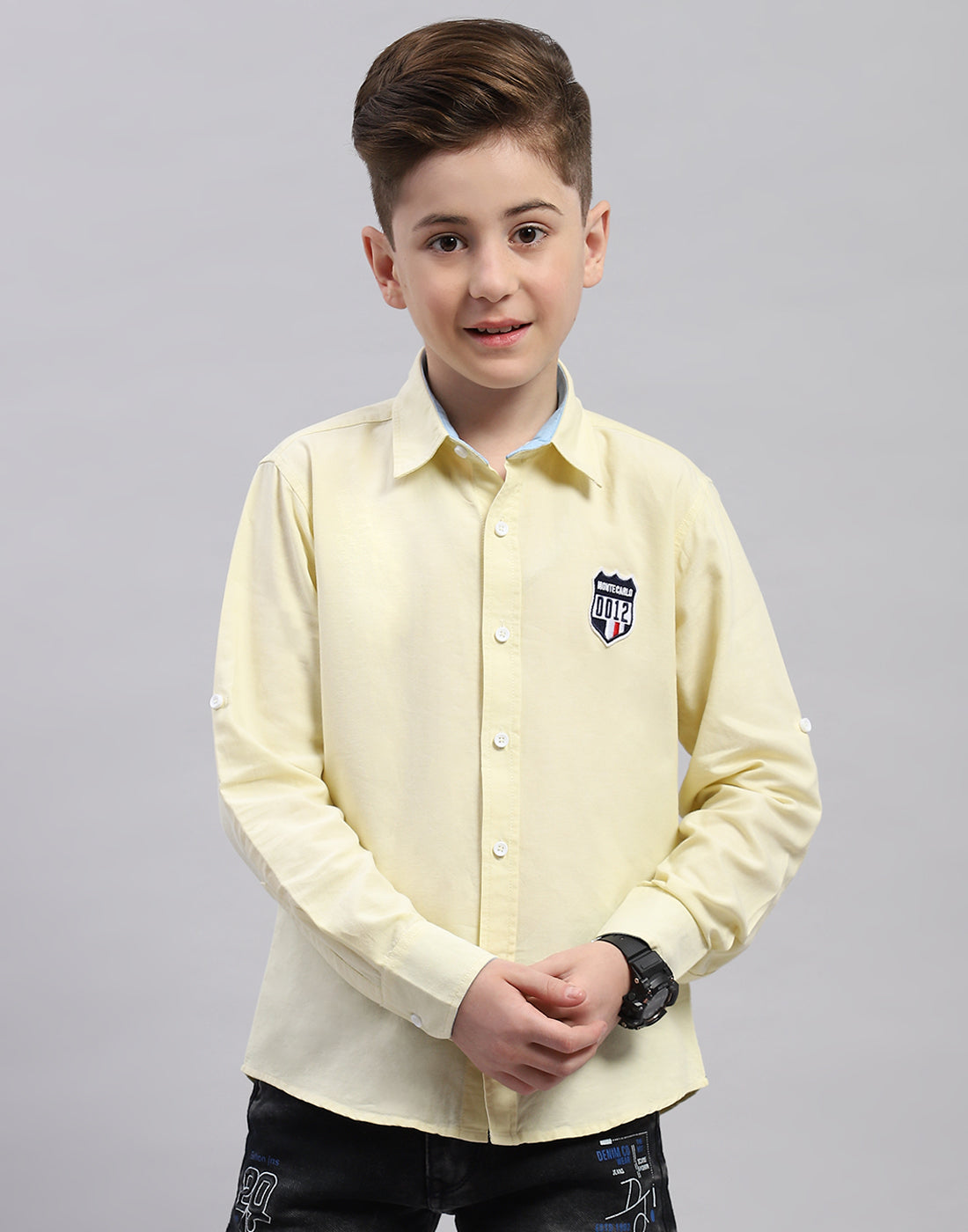 Boys Yellow Solid Collar Full Sleeve Shirt