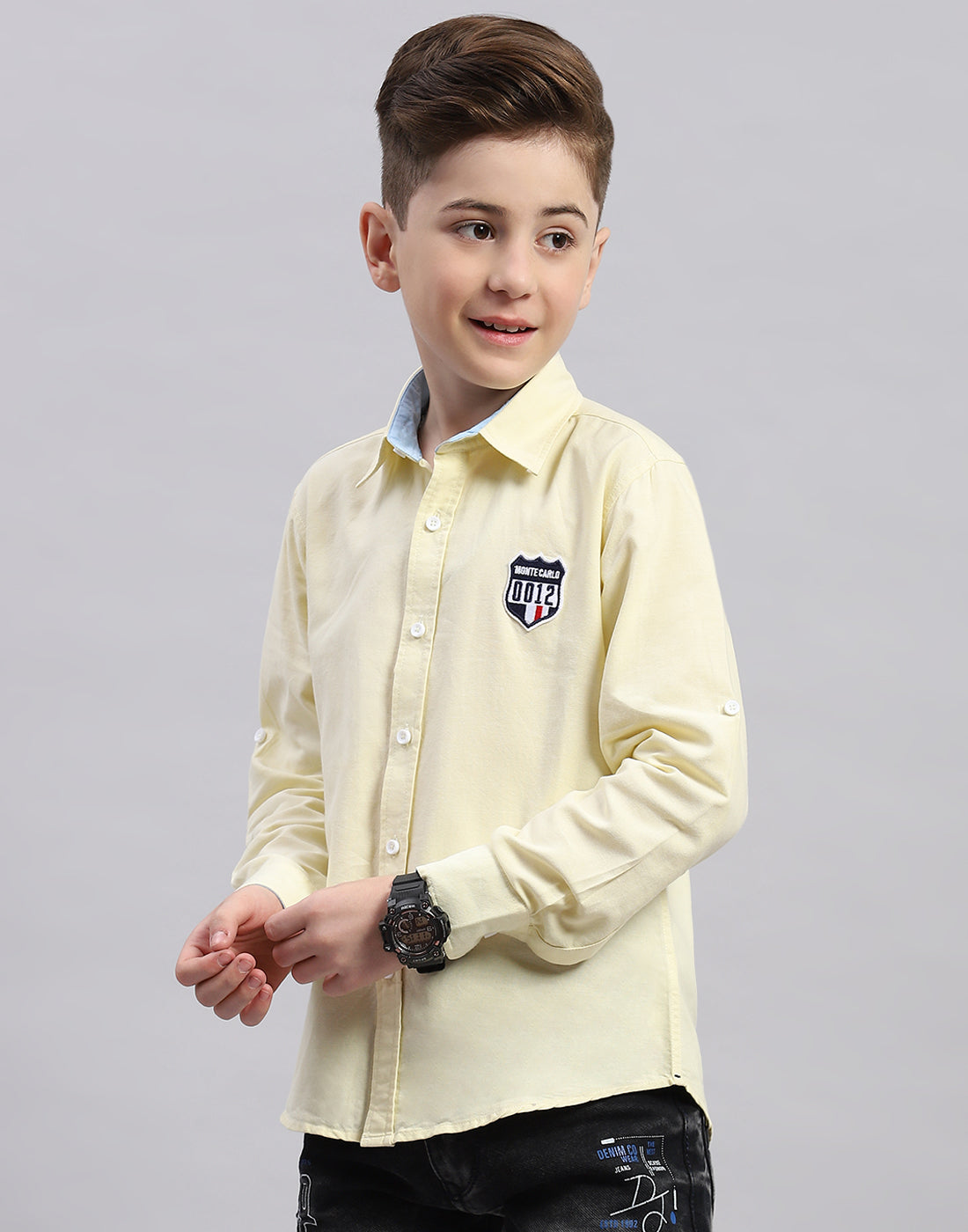 Boys Yellow Solid Collar Full Sleeve Shirt