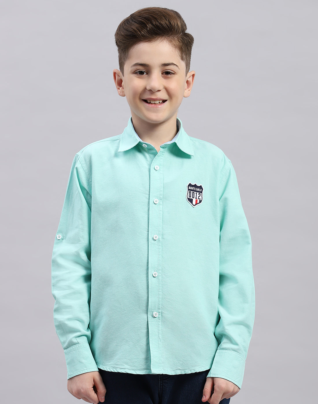 Boys Green Solid Collar Full Sleeve Shirt