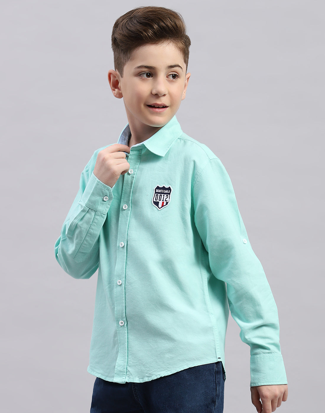 Boys Green Solid Collar Full Sleeve Shirt