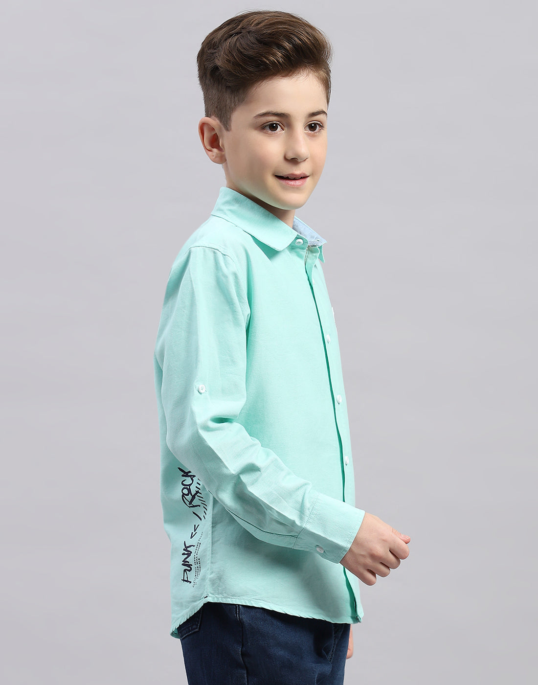 Boys Green Solid Collar Full Sleeve Shirt