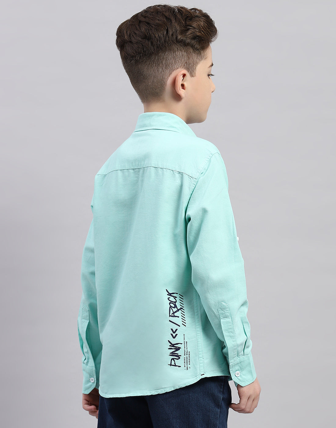 Boys Green Solid Collar Full Sleeve Shirt