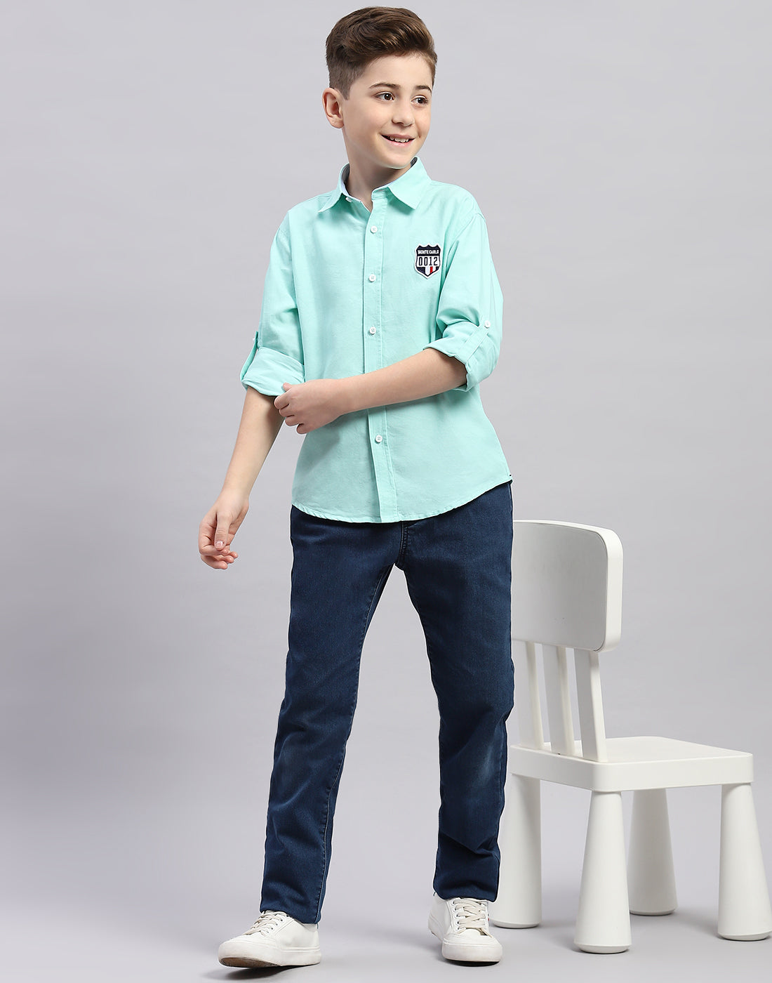 Boys Green Solid Collar Full Sleeve Shirt