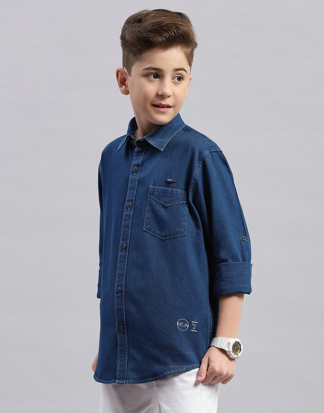 Boys Blue Solid Collar Full Sleeve Shirt