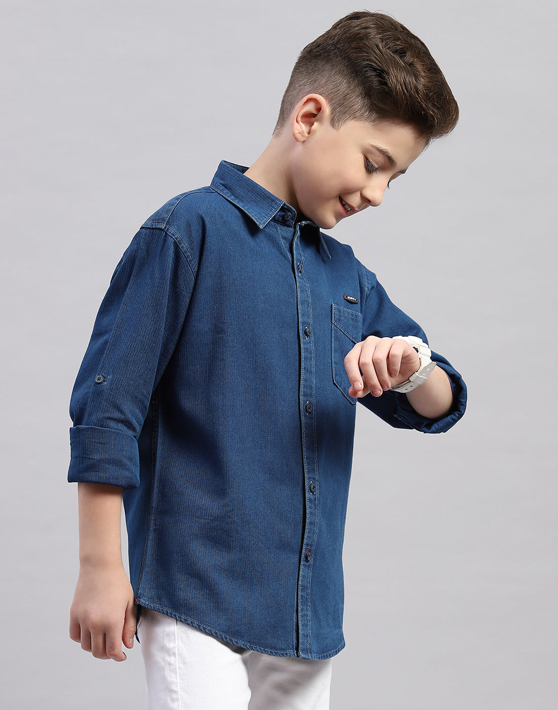 Boys Blue Solid Collar Full Sleeve Shirt