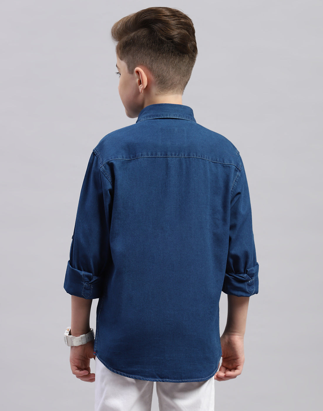 Boys Blue Solid Collar Full Sleeve Shirt